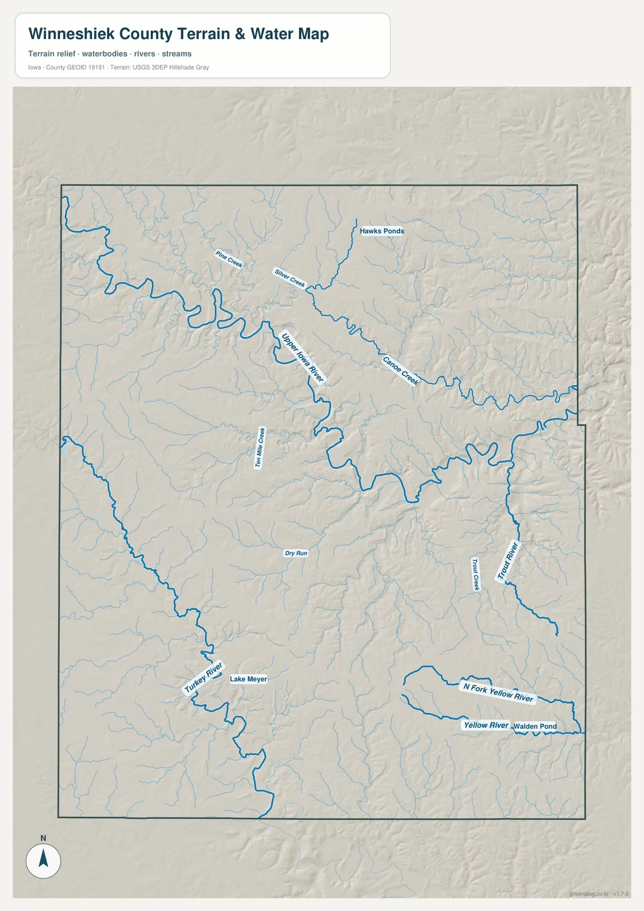 Winneshiek County terrain and water map showing the Upper Iowa River, Canoe Creek, Turkey River, Trout River, Yellow River, and Lake Meyer