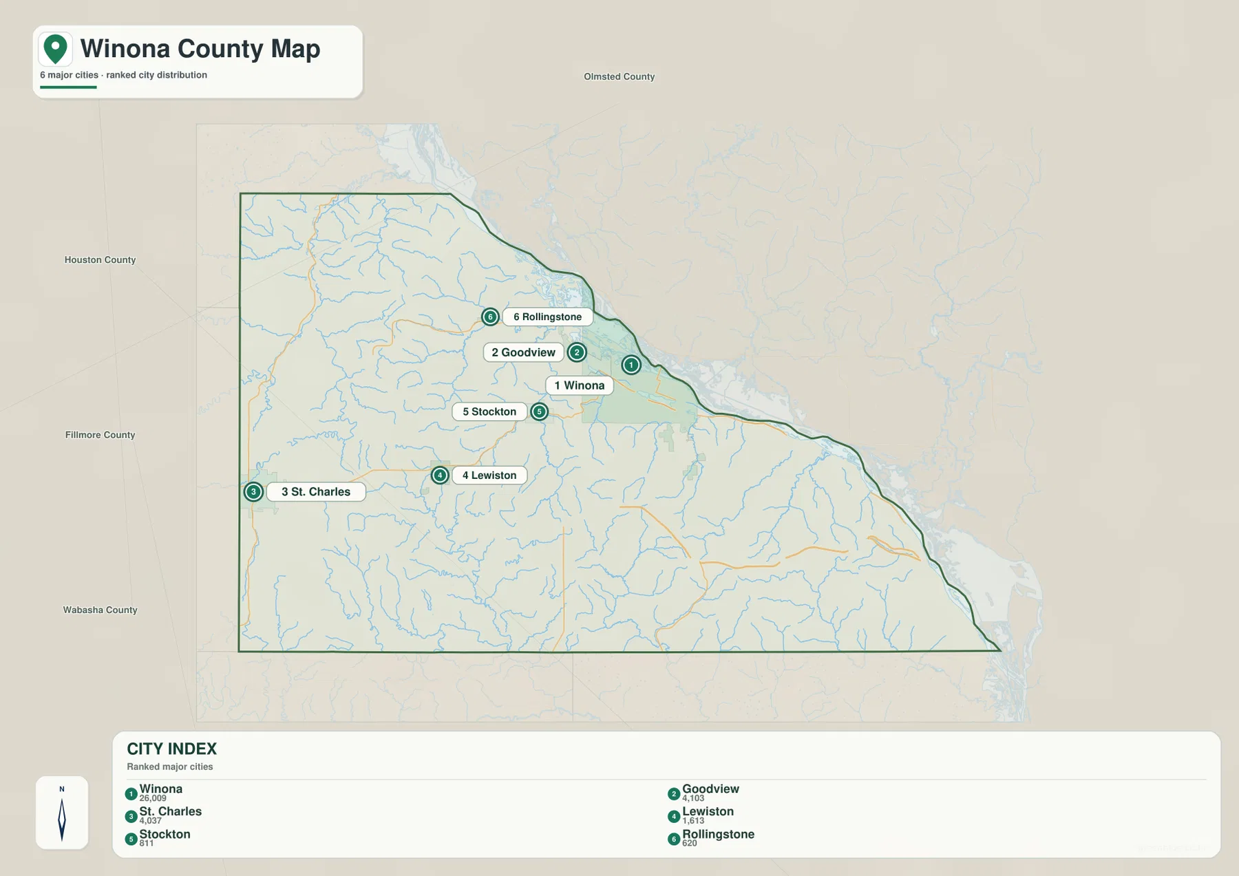 Winona County city map ranking Winona, Goodview, St. Charles, Lewiston, Stockton and Rollingstone