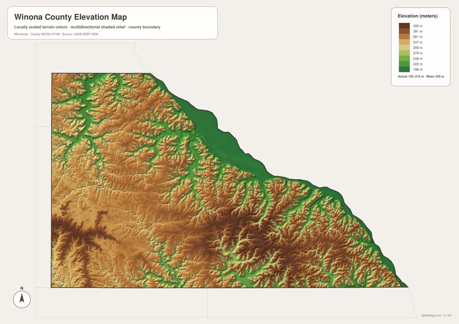 Winona County elevation map showing roughly 192 to 416 meters, low Mississippi River terrain and high interior ridges