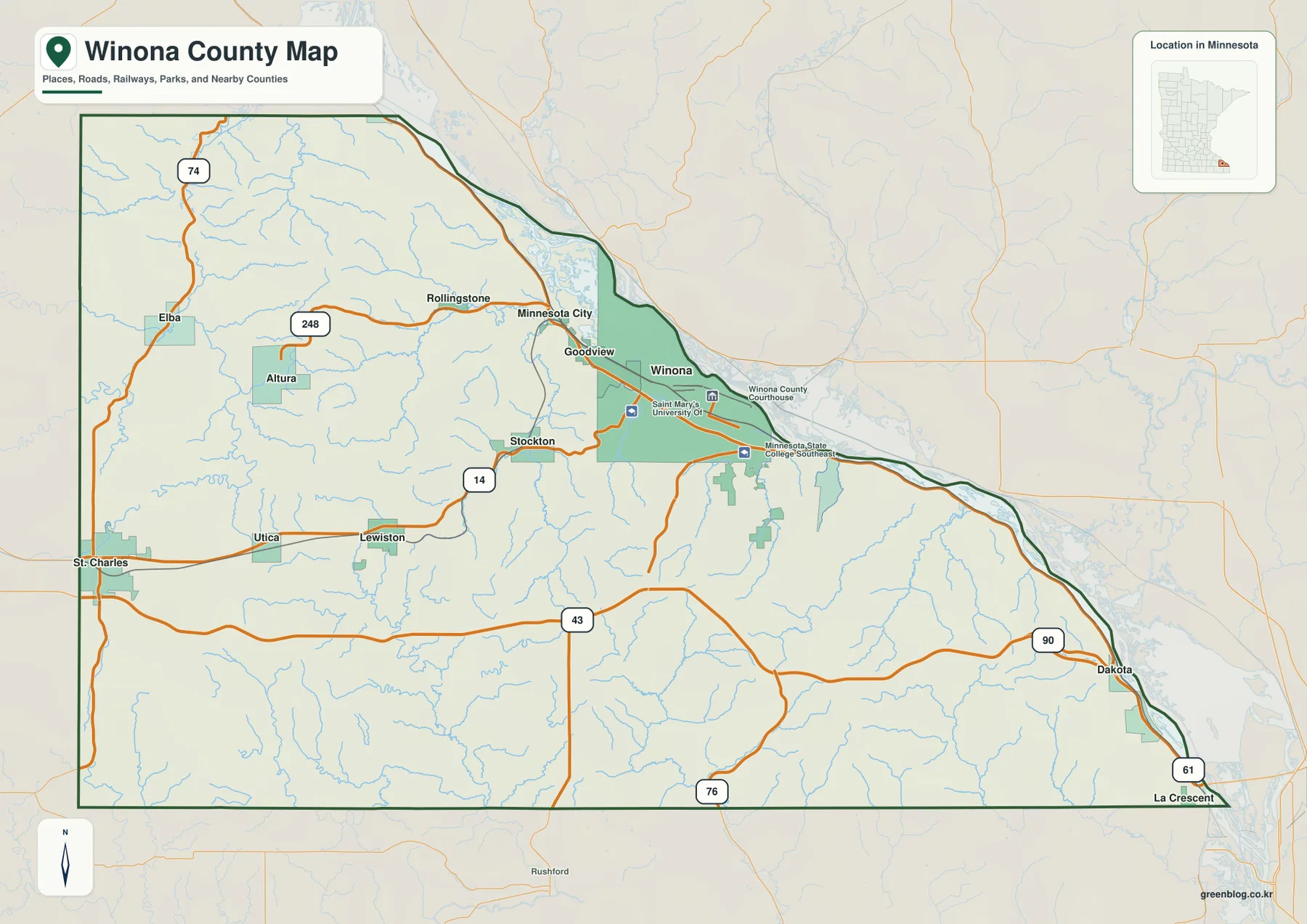 Winona County Minnesota map showing Winona, Goodview, St. Charles, Lewiston, U.S. 14, U.S. 61 and Minnesota 43