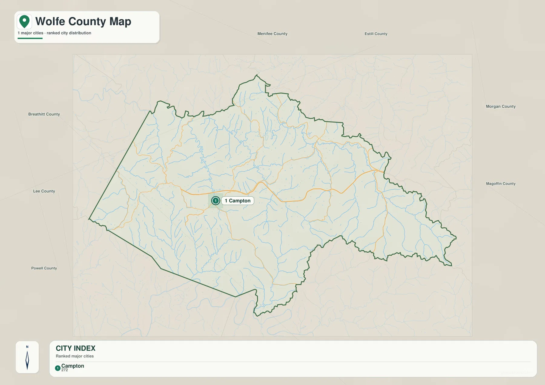 Wolfe County city map highlighting Campton with Menifee, Estill, Morgan, Magoffin, Breathitt, Lee, and Powell Counties around the boundary