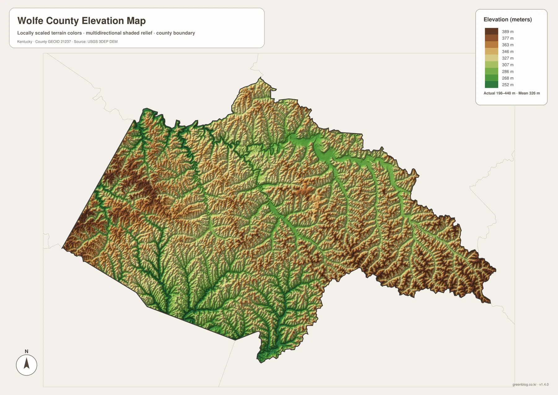 Wolfe County elevation map showing an actual range of about 198 to 440 meters and a mean near 326 meters