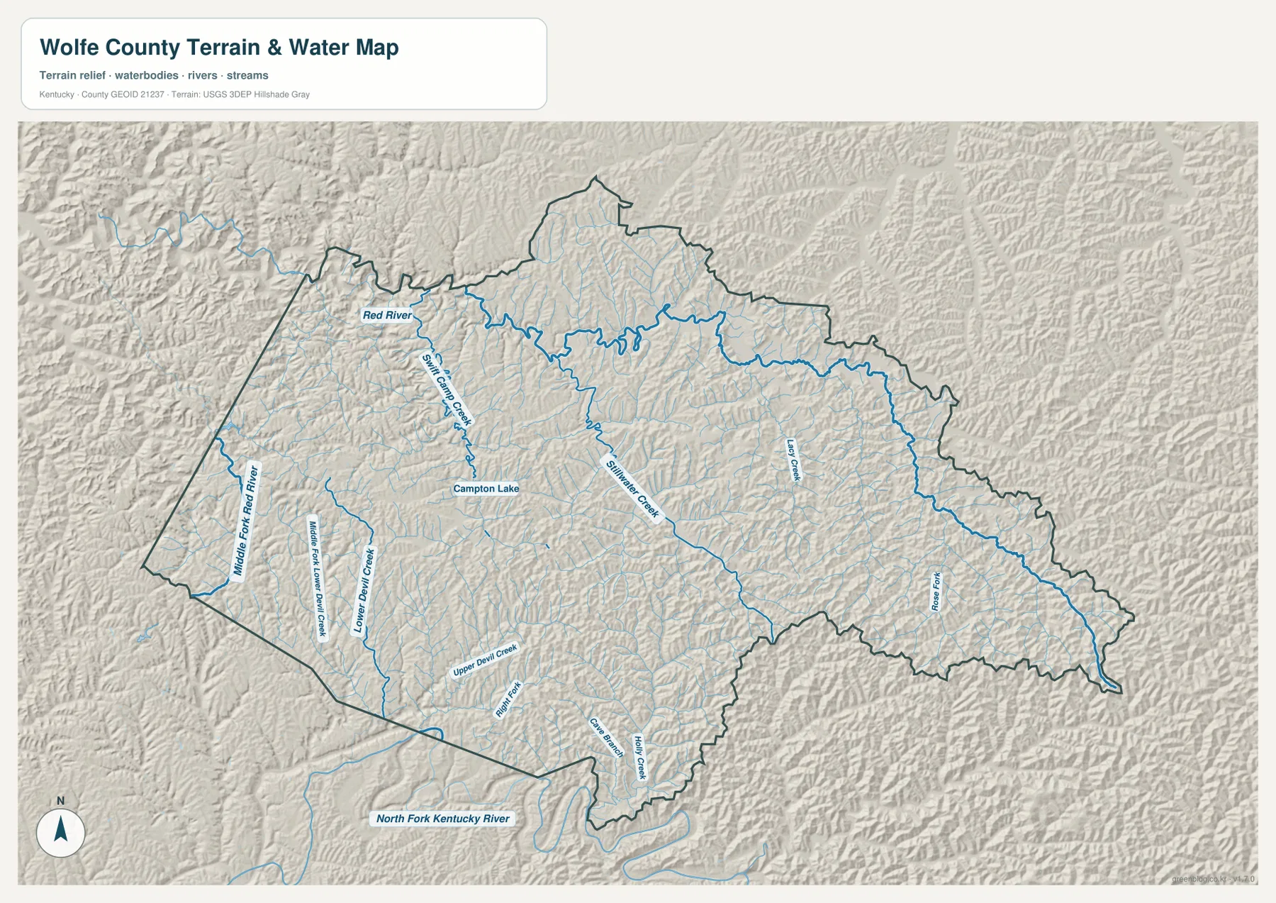 Wolfe County terrain and water map showing Red River, Middle Fork Red River, Swift Camp Creek, Stillwater Creek, Lacy Creek, Lower Devil Creek, Upper Devil Creek, Rose Fork, and Campton Lake
