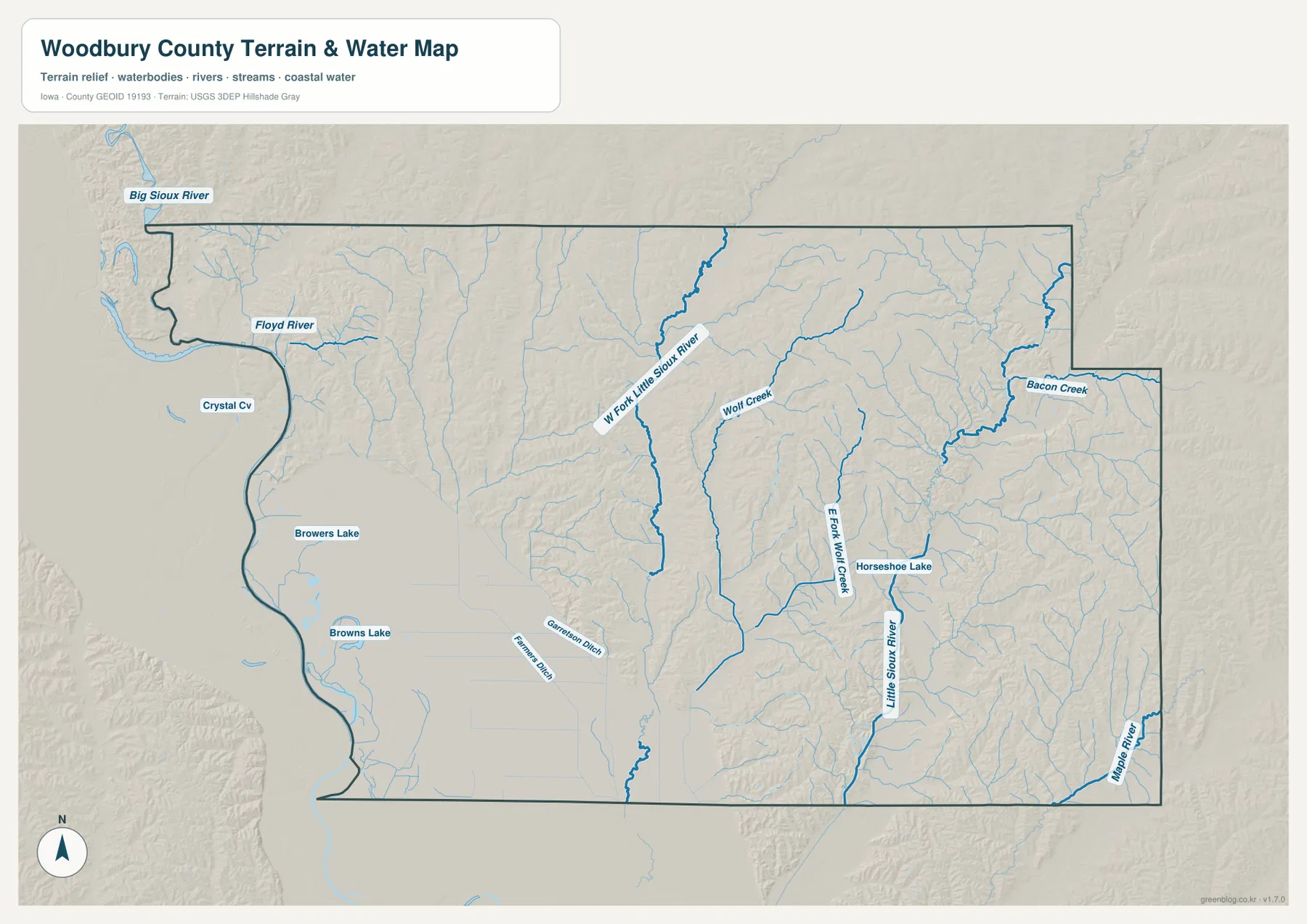 Big Sioux River, Floyd River, Little Sioux River와 지류를 표시한 우드버리 카운티 수역 및 지형 지도