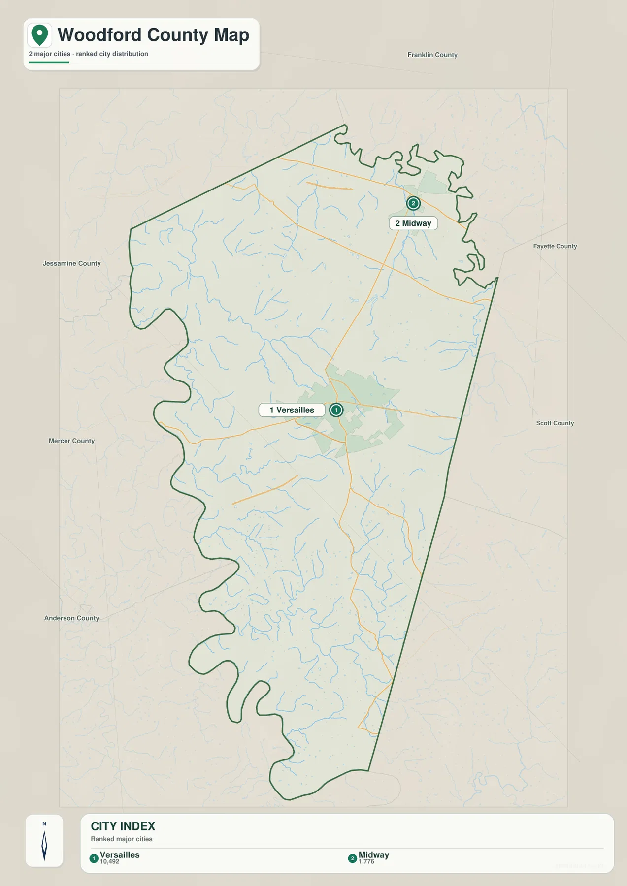 Woodford County city distribution map highlighting Versailles and Midway with Franklin, Fayette, Scott, Jessamine, Mercer, and Anderson Counties around the boundary