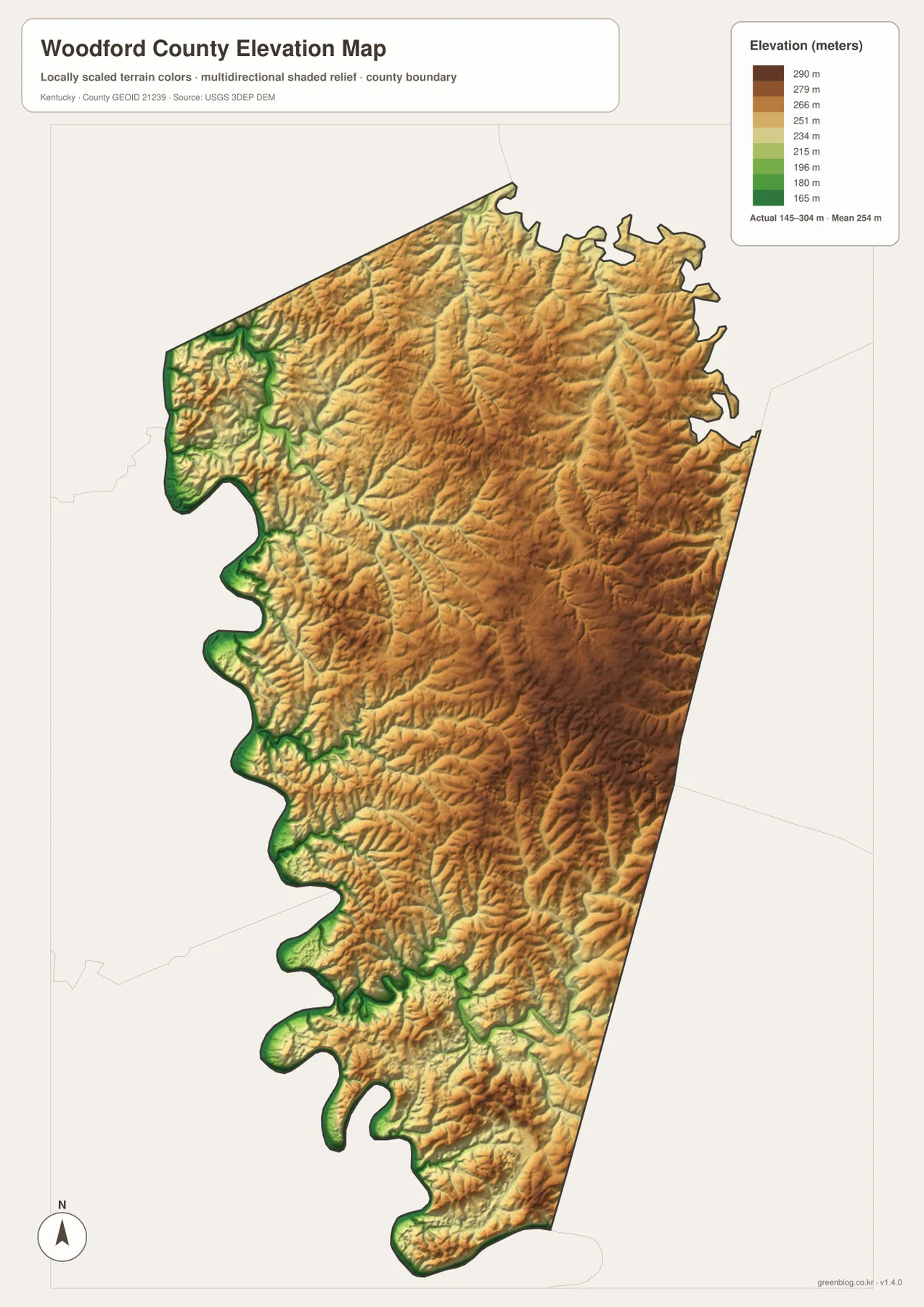 Woodford County elevation map showing an actual range of about 145 to 304 meters and a mean near 254 meters