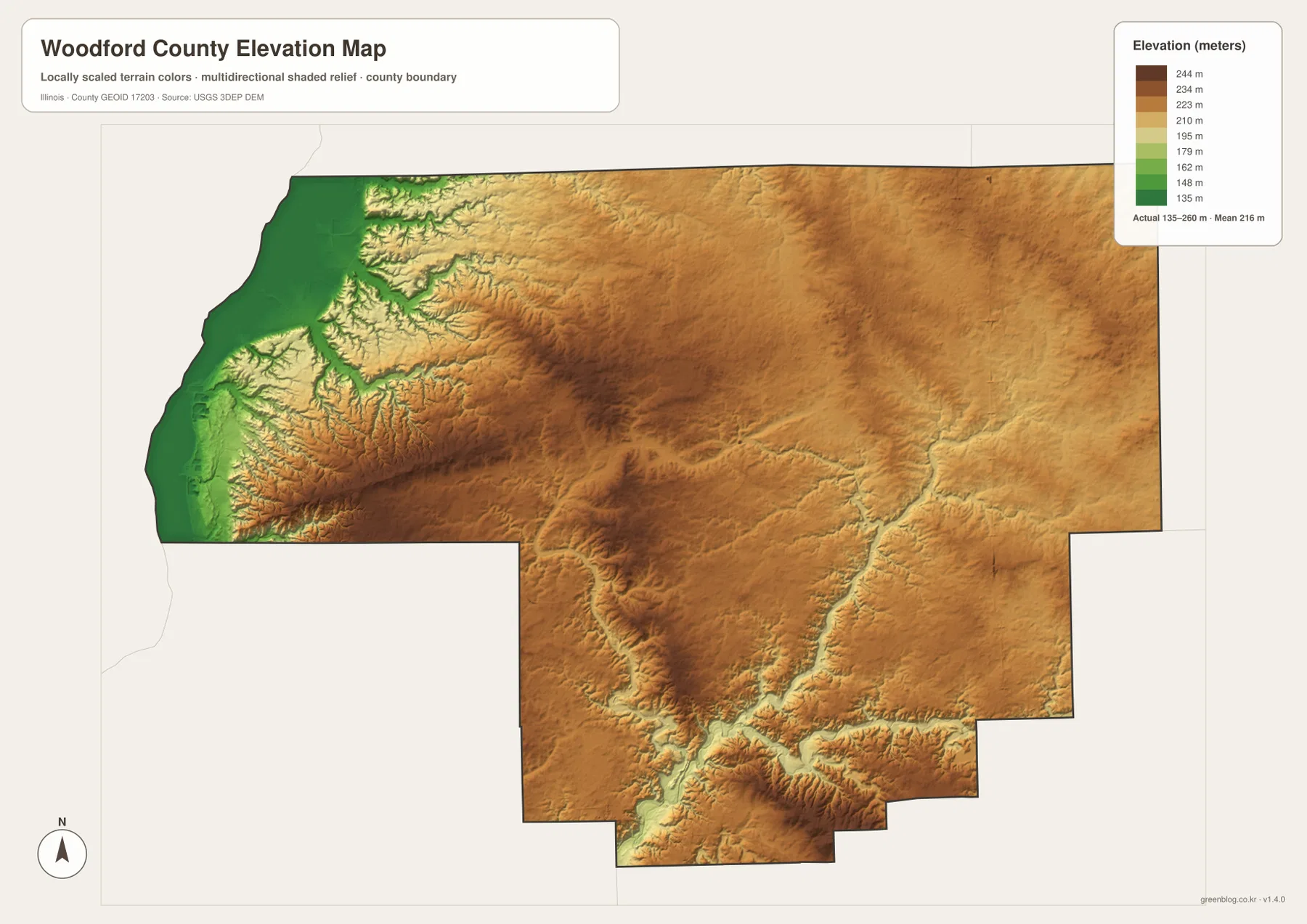Woodford County elevation map showing 135 to 260 meter terrain, Illinois River lowlands, and central and eastern uplands