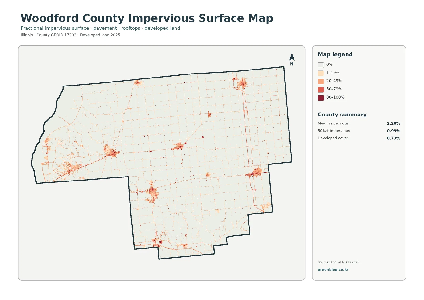 Woodford County impervious surface and developed land map