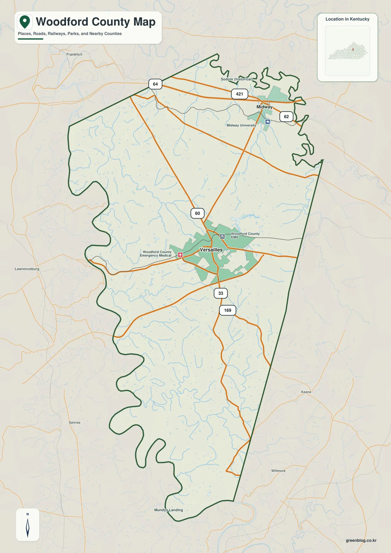 Woodford County Kentucky road map showing Versailles, Midway, I-64, US 60, US 62, US 421, KY 33, KY 169, and nearby places