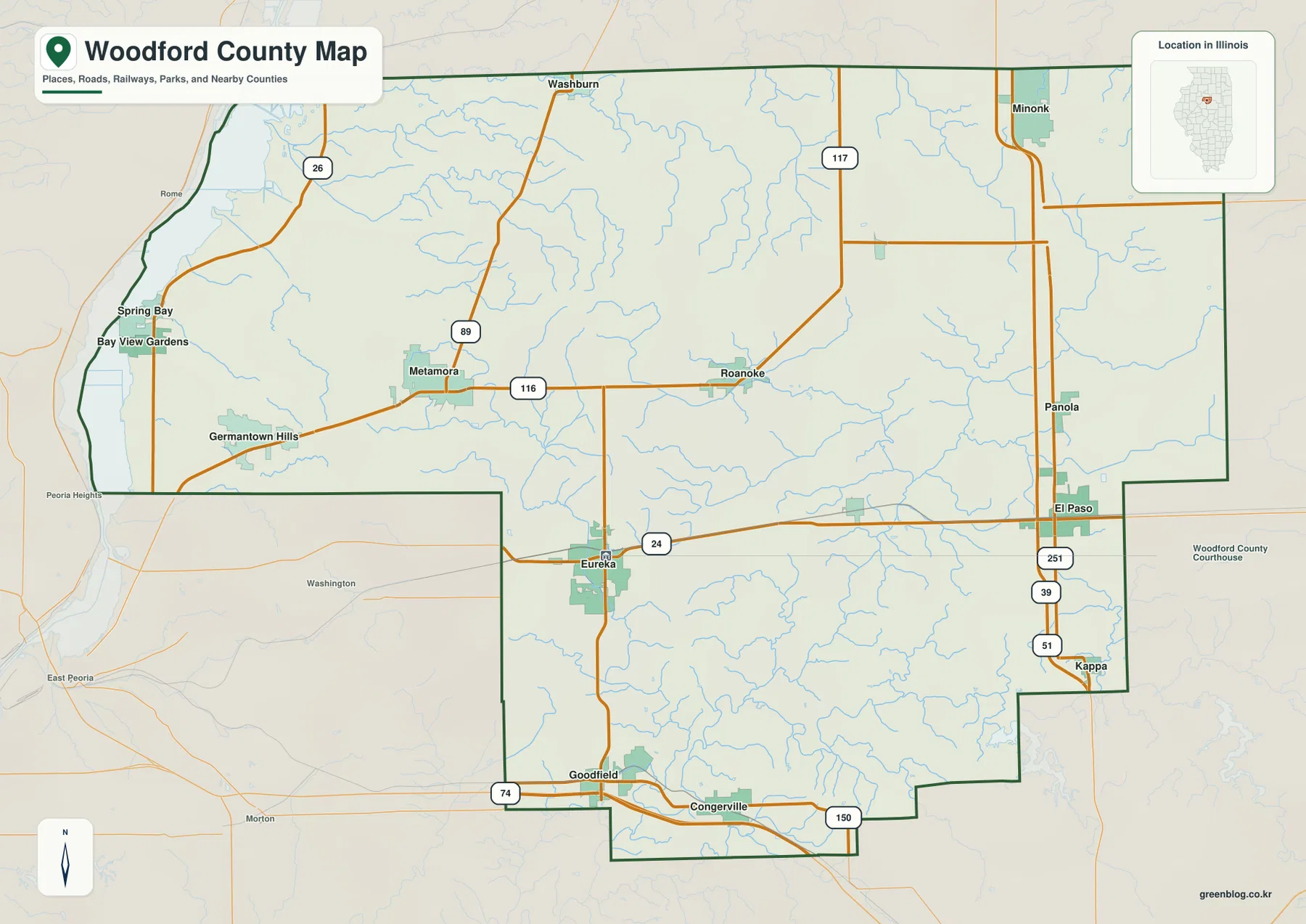 Woodford County Illinois map showing Eureka, Metamora, Roanoke, El Paso, Minonk, Germantown Hills, and major roads