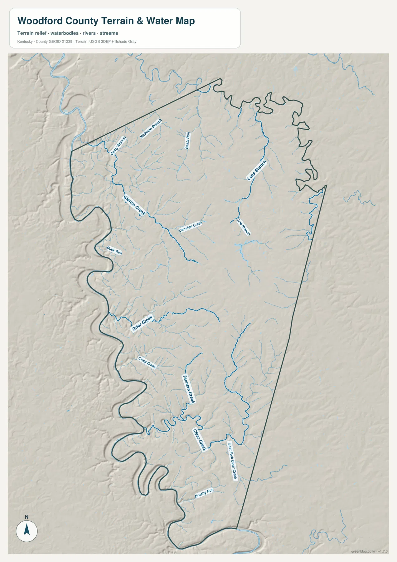 Woodford County terrain and water map showing Glenns Creek, Camden Creek, Lee Branch, Bonds Run, Hickman Branch, Buck Run, Grier Creek, Craig Creek, Tanners Creek, Clear Creek, East Fork Clear Creek, and Brushy Run