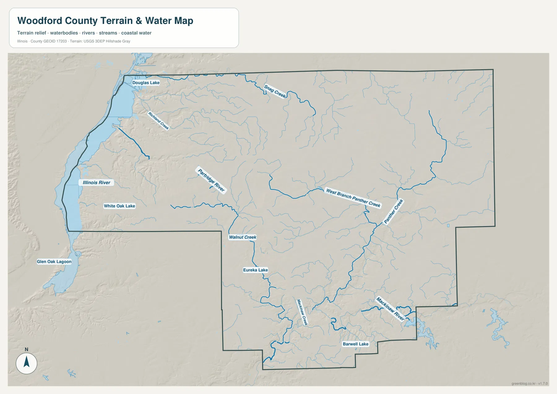 Woodford County terrain and water map showing the Illinois River, Panther Creek, Mackinaw River, Eureka Lake, and smaller waterways