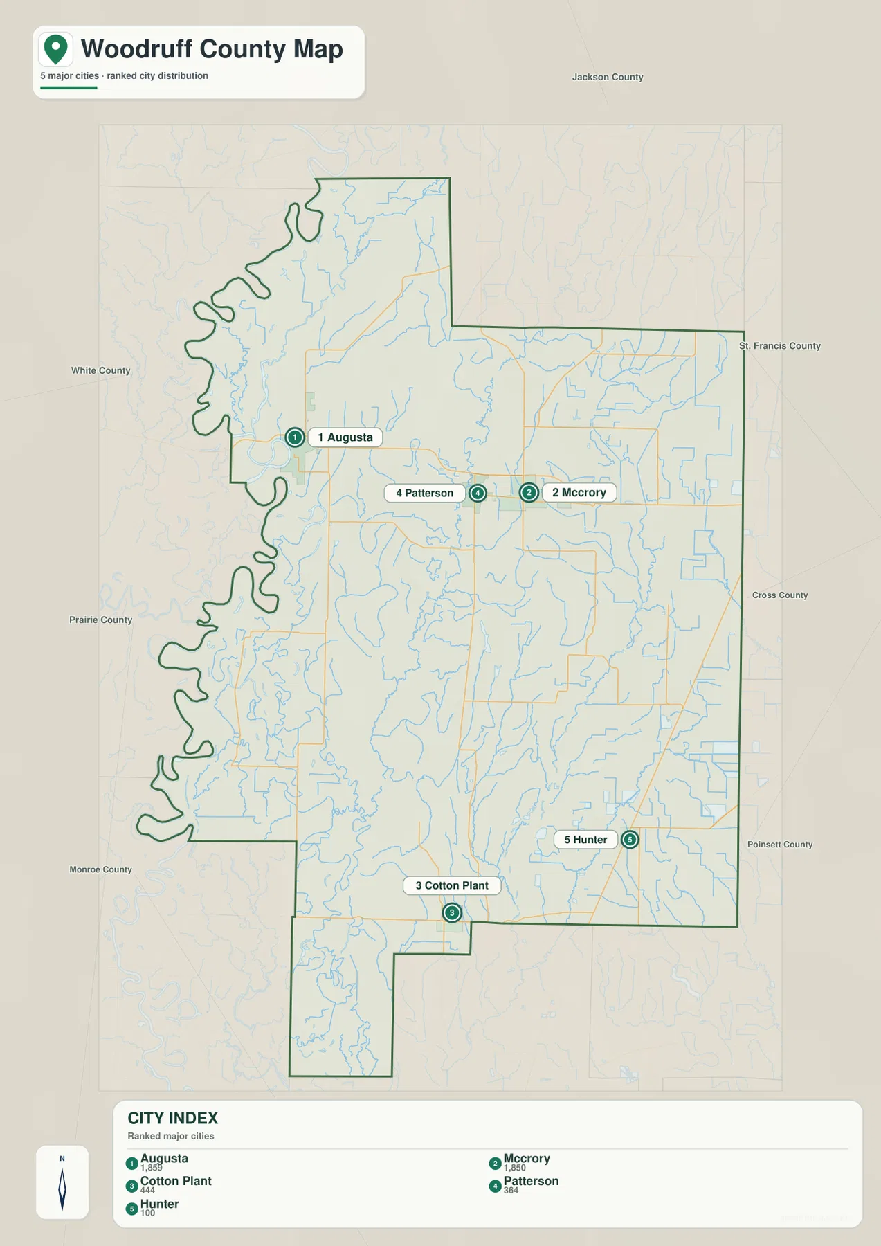Augusta, McCrory, Cotton Plant, Patterson, Hunter가 표시된 우드러프 카운티 도시 분포 지도