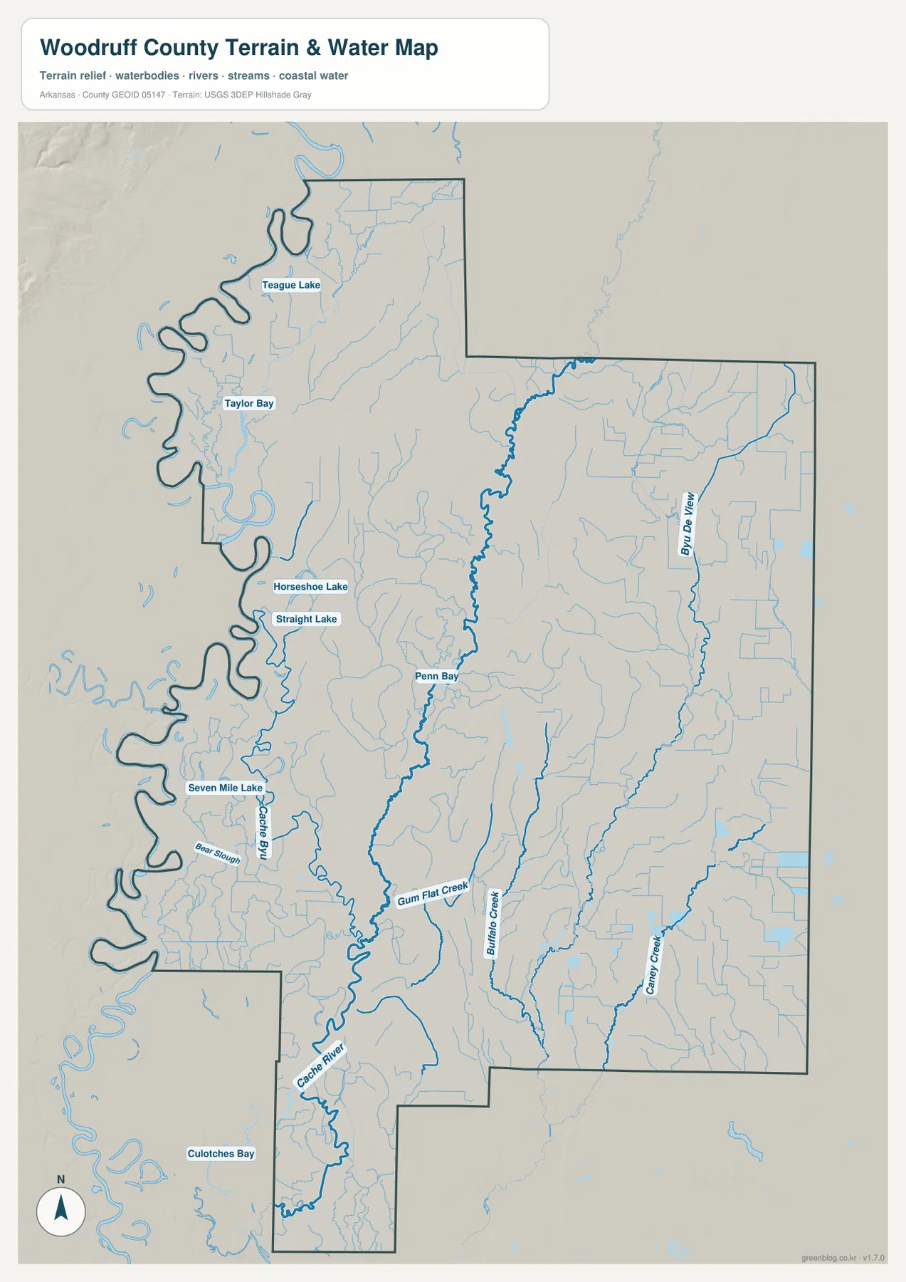 Cache River, Bayou DeView, Teague Lake, Horseshoe Lake, Penn Bay와 여러 개울이 표시된 우드러프 카운티 지형 수역 지도
