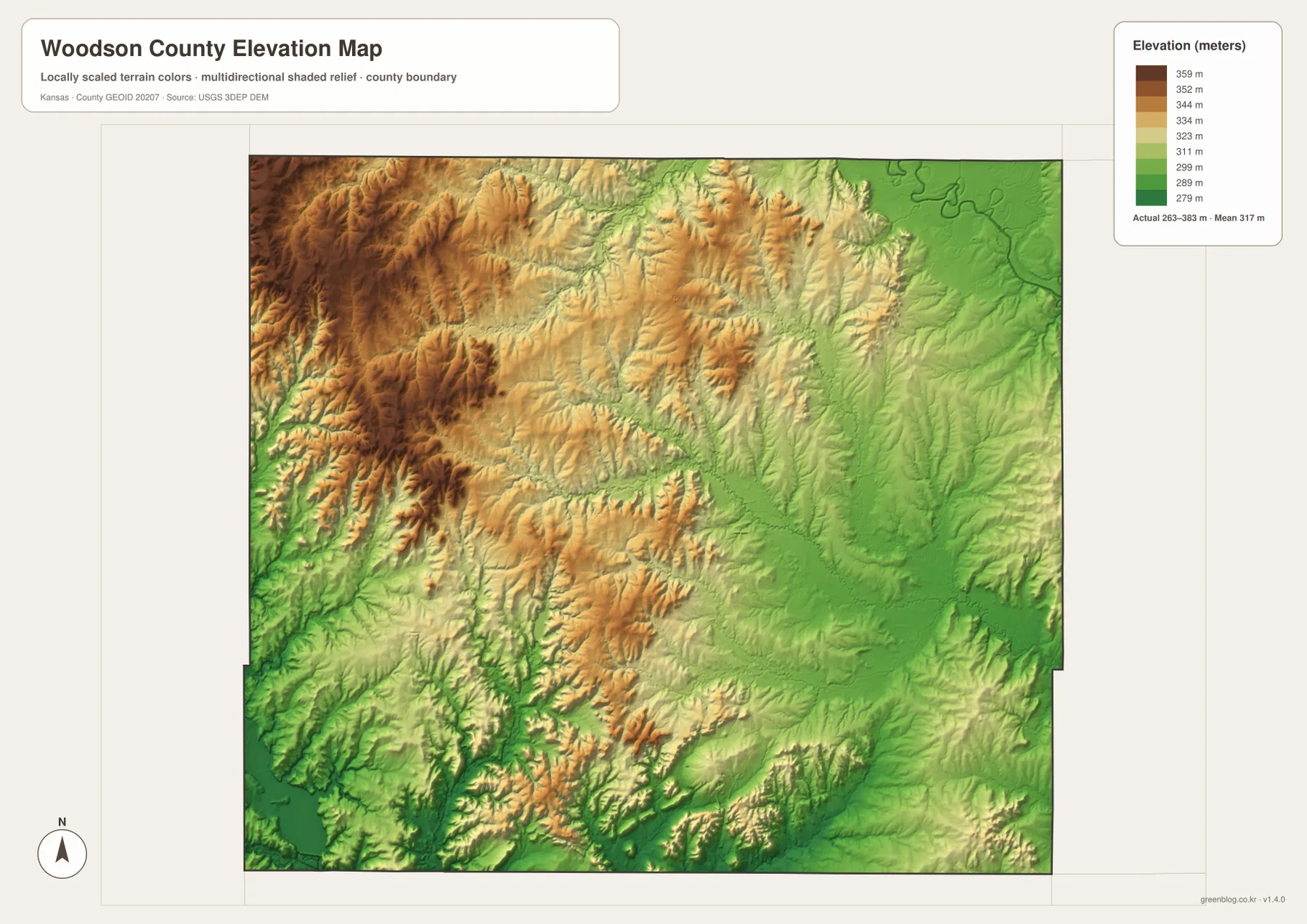 Woodson County Kansas elevation map showing 263 to 383 meter relief, higher western hills and lower eastern and Verdigris River valleys