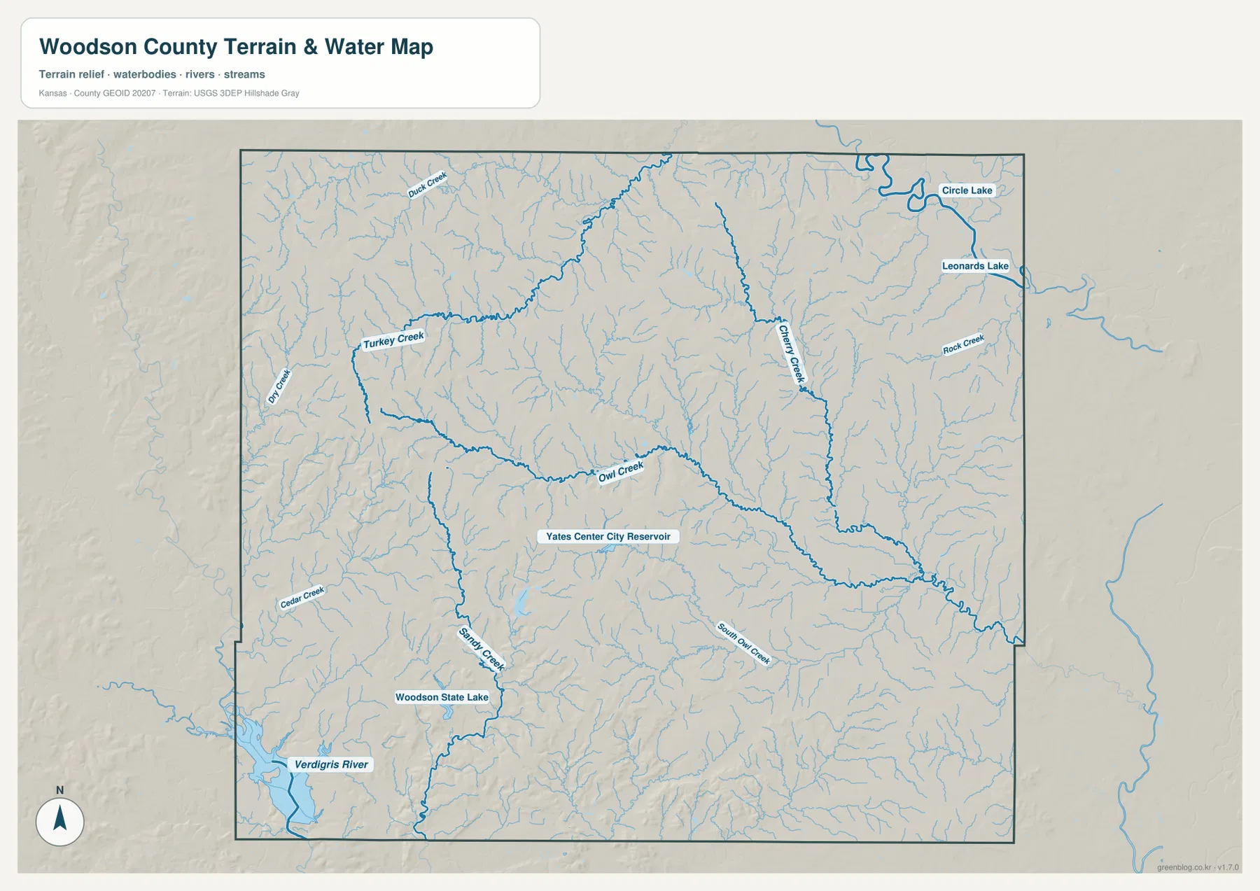 우드슨 카운티 Verdigris River, Turkey Creek, Owl Creek, Cherry Creek, Woodson State Lake 수역 지도
