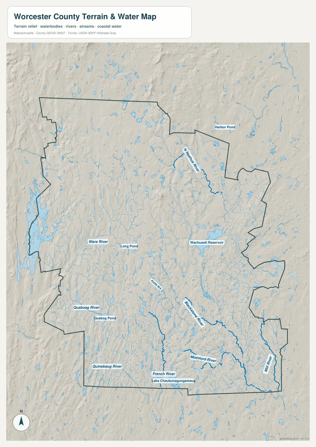 Wachusett Reservoir, Nashua River, Ware River, Quaboag River, Quinebaug River, French River, Blackstone River가 표시된 Worcester County 지형 수역 지도