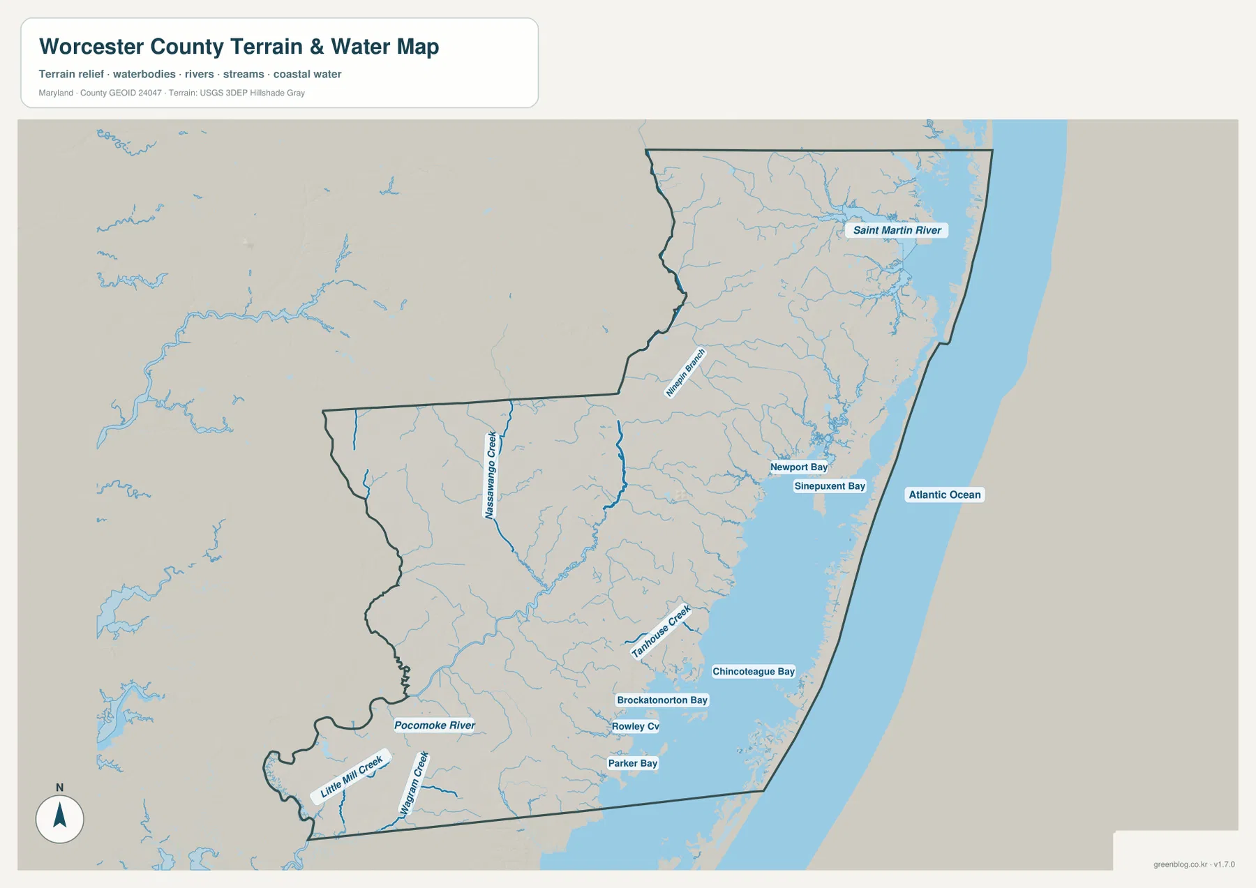 Atlantic Ocean, Sinepuxent Bay, Chincoteague Bay, Pocomoke River와 지류가 표시된 우스터 카운티 수역 지도