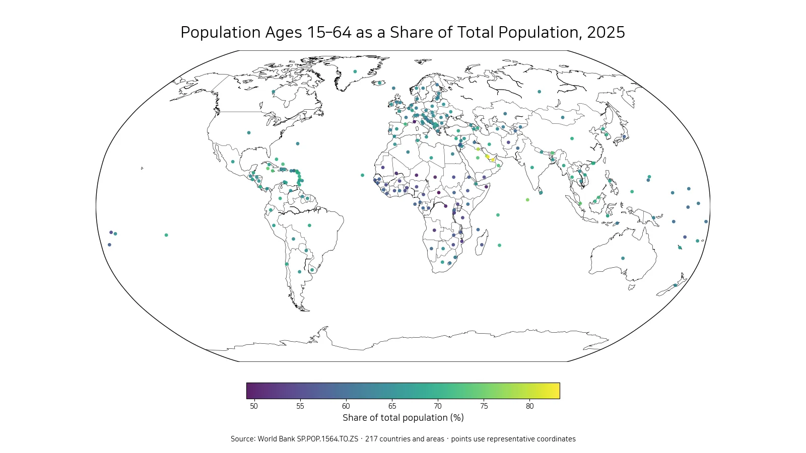 World map of the population ages 15 to 64 as a share of total population in 2025