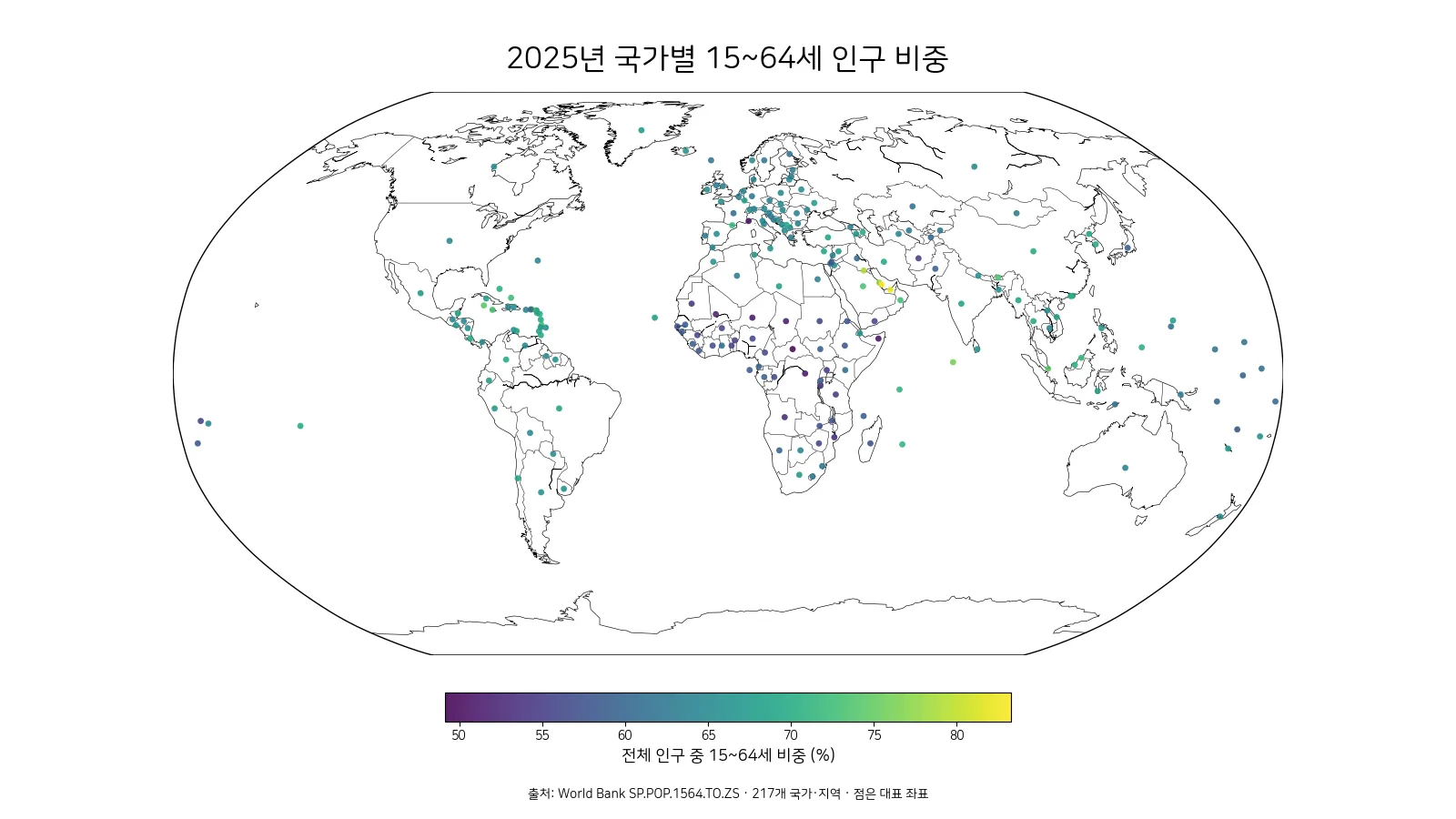 2025년 국가별 15~64세 인구 비중, 어디가 높을까?
