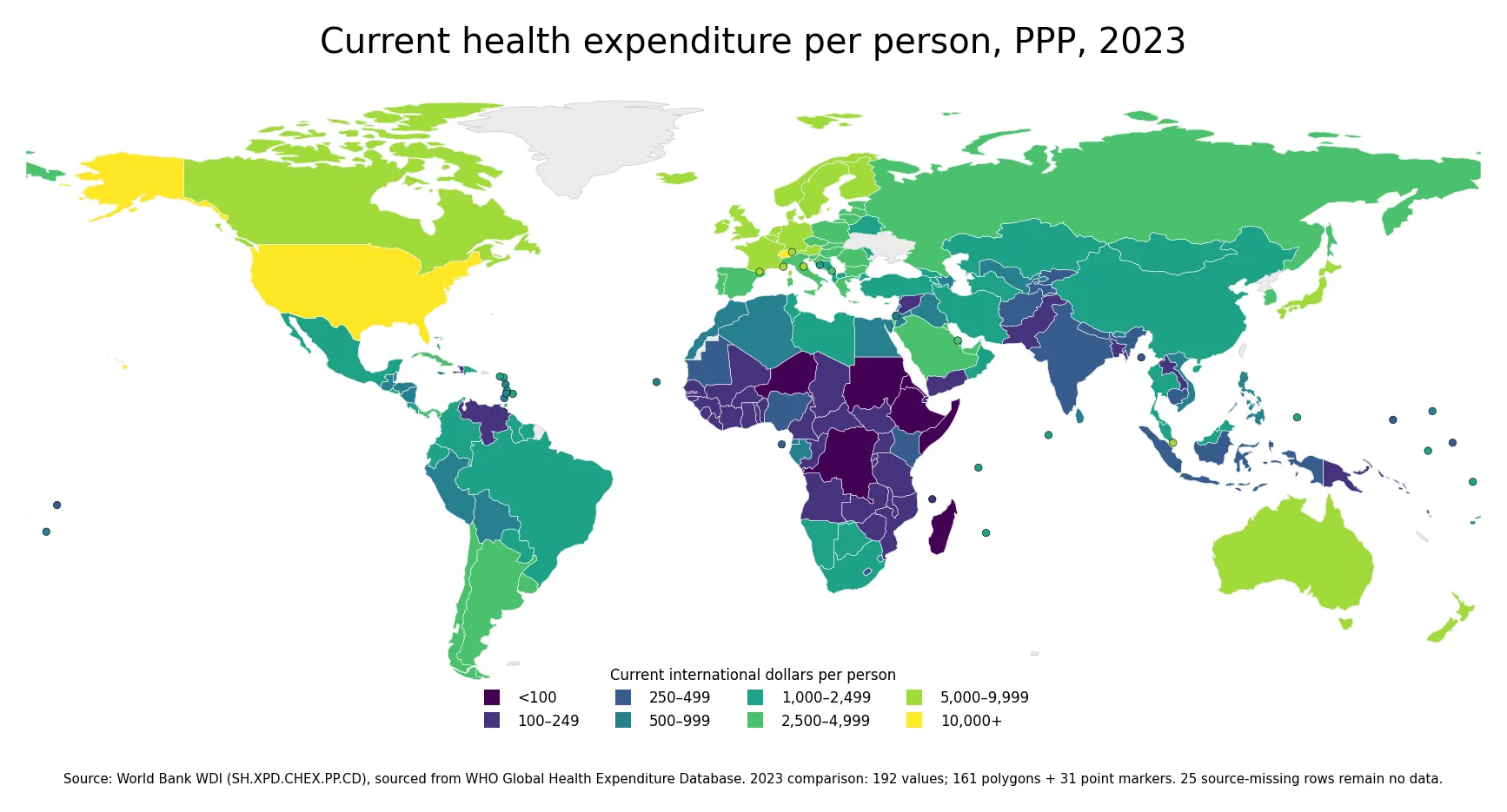 World map of current health expenditure per person in purchasing power parity terms in 2023
