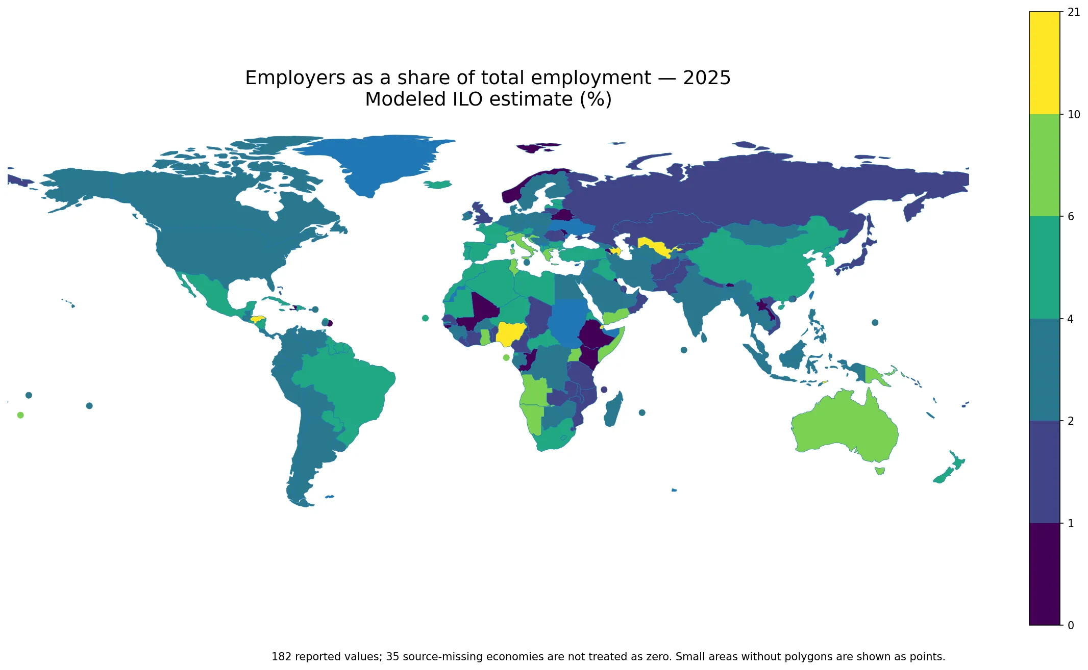 World map of employers as a share of total employment in 2025