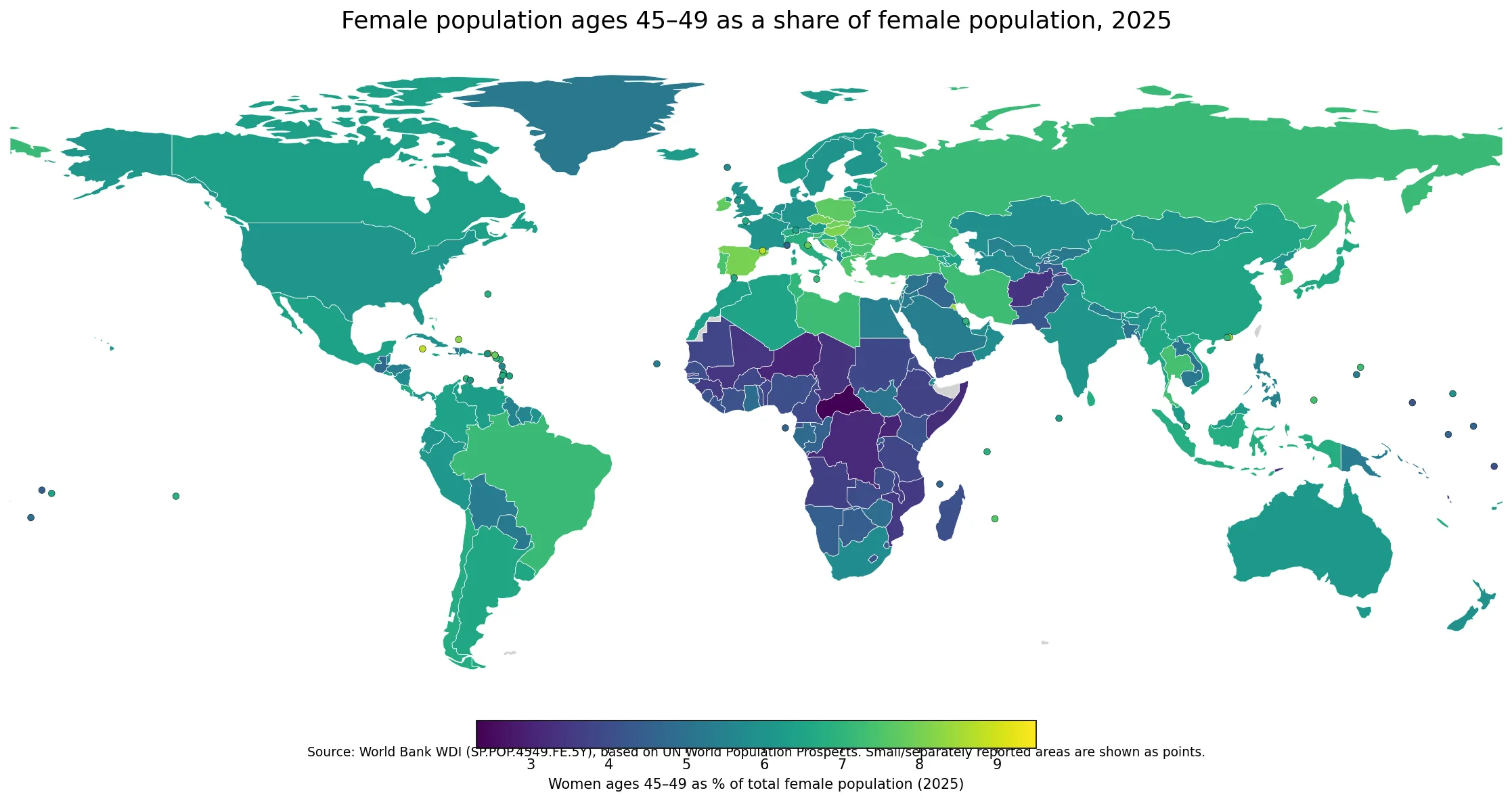 World map of women ages 45 to 49 as a share of female population in 2025