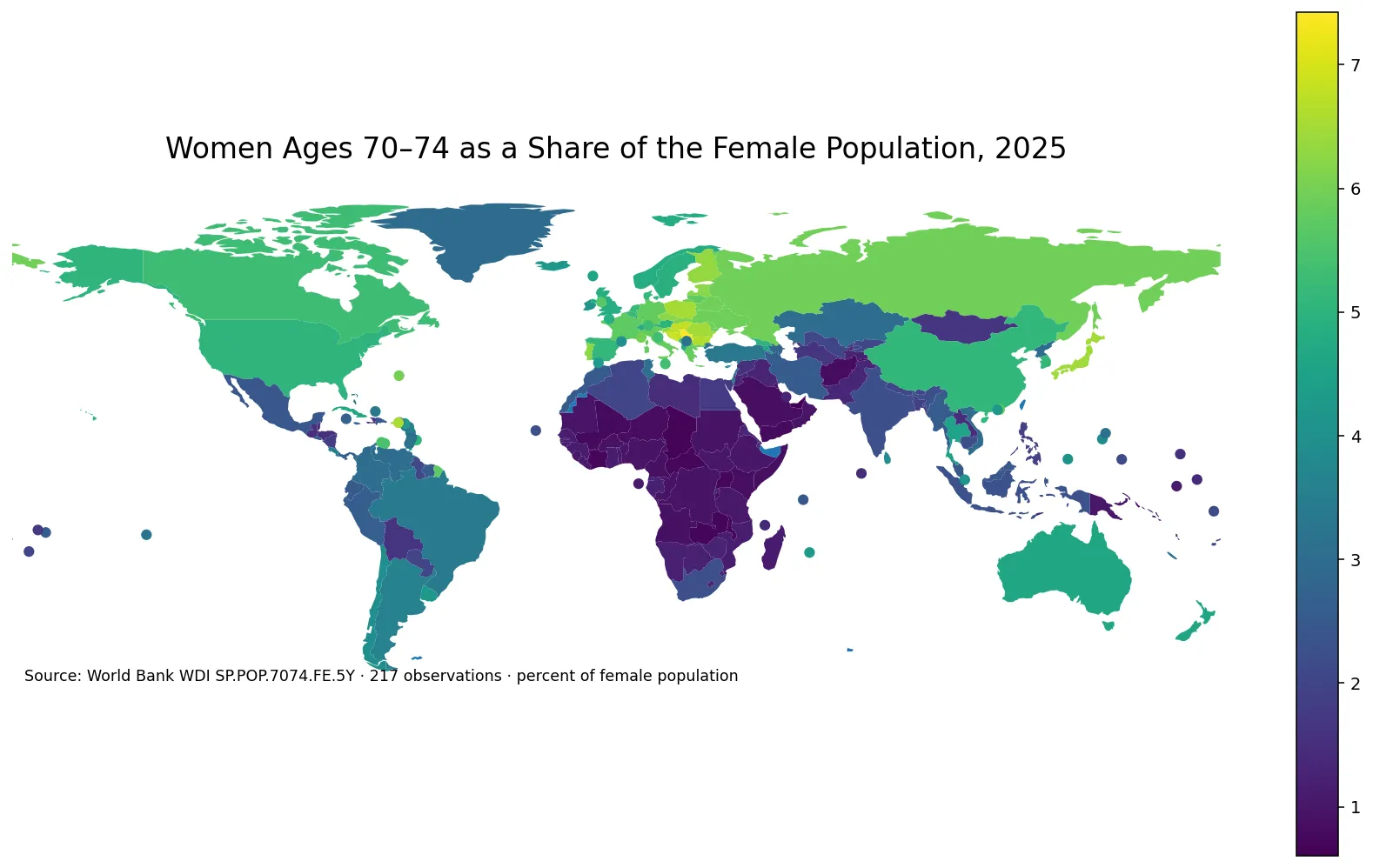 World map of women ages 70 to 74 as a percentage of the female population in 2025
