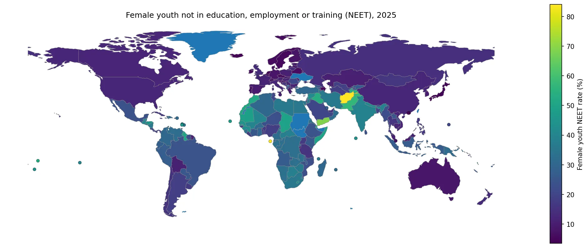 2025년 여성 청년층 NEET 비율 – 국가별 교육·고용·훈련 미참여 격차