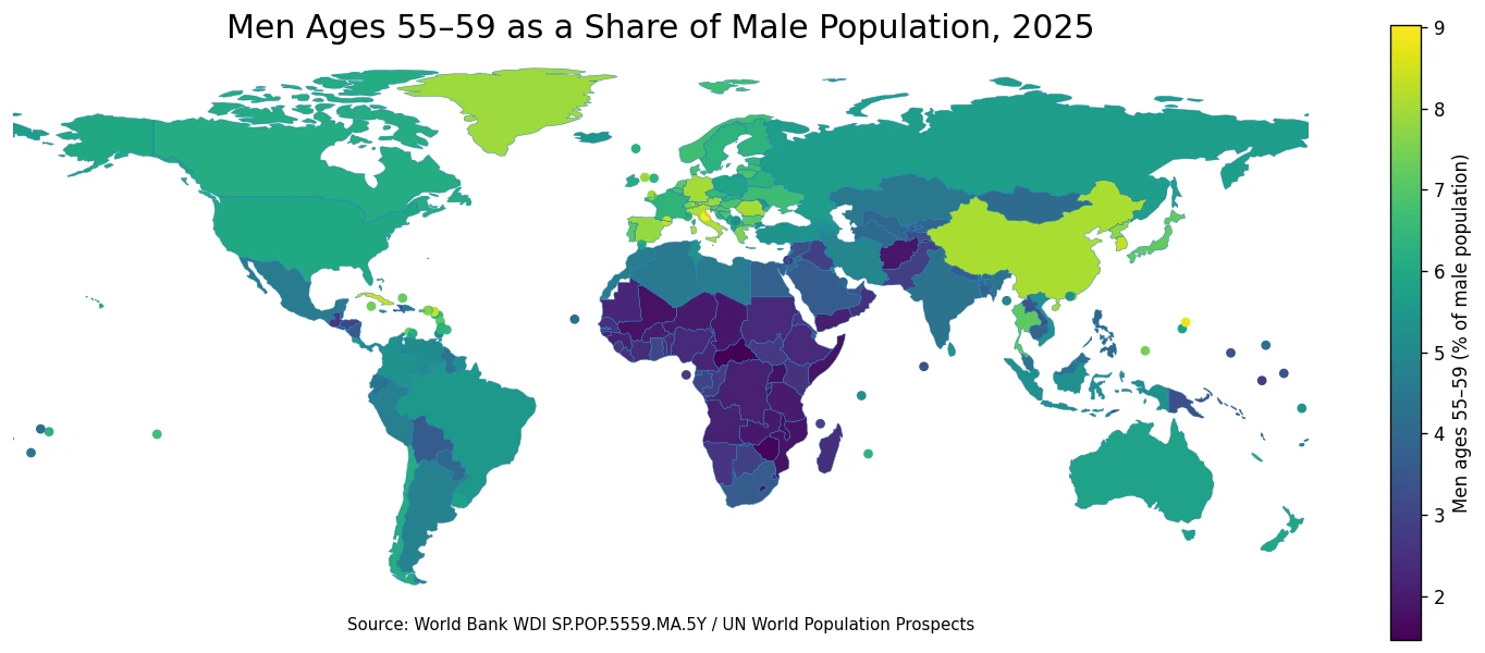 2025년 남성 인구 중 55~59세 비중 세계 지도