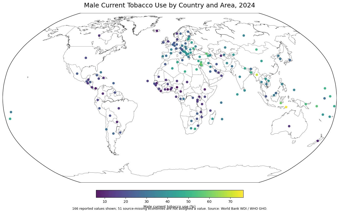 World map of male current tobacco use in 2024