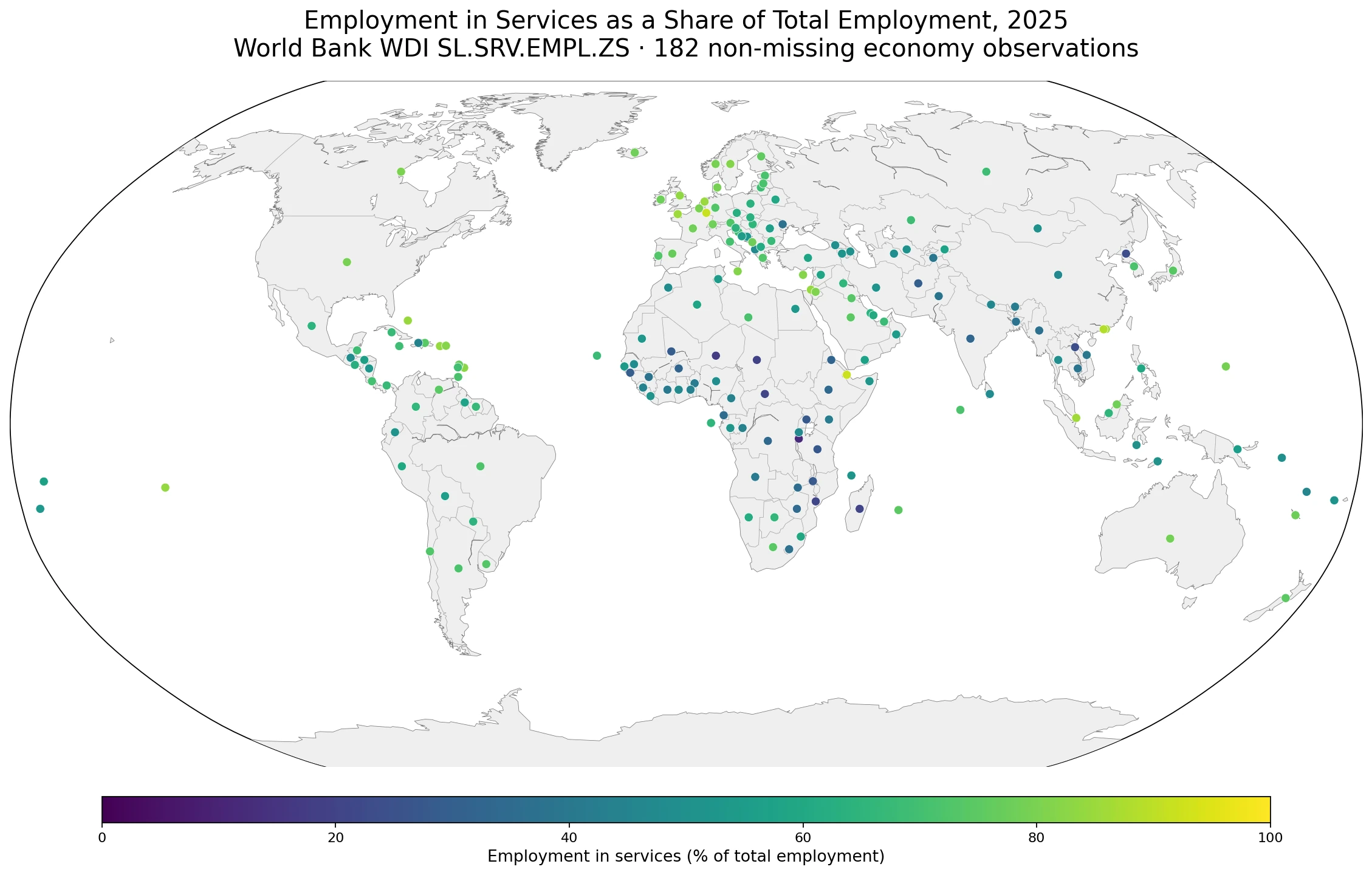 World map of service employment as a share of total employment in 2025