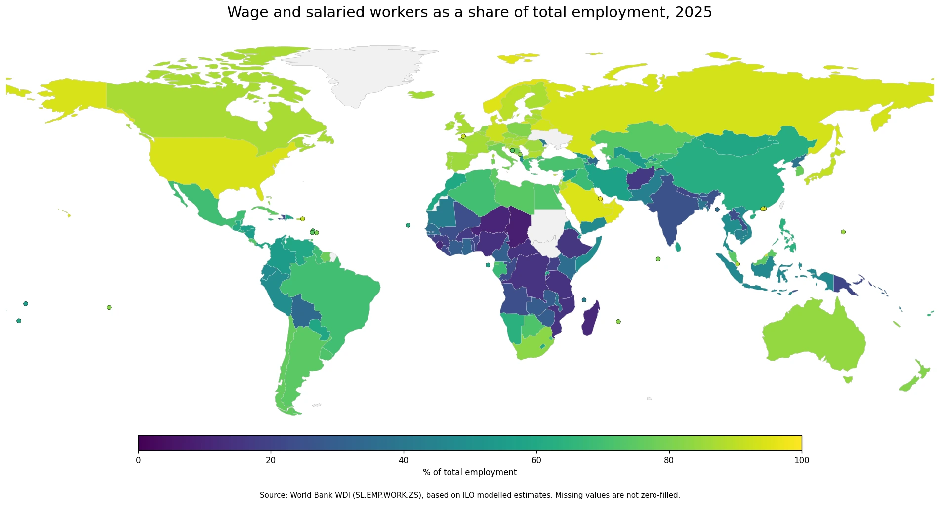 World map of wage and salaried workers as a share of total employment in 2025