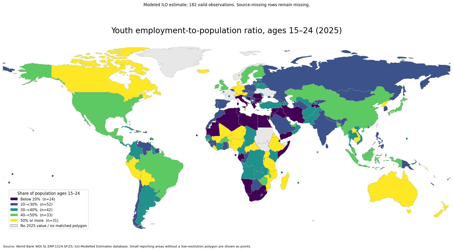 World map of the youth employment-to-population ratio for ages 15 to 24 in 2025