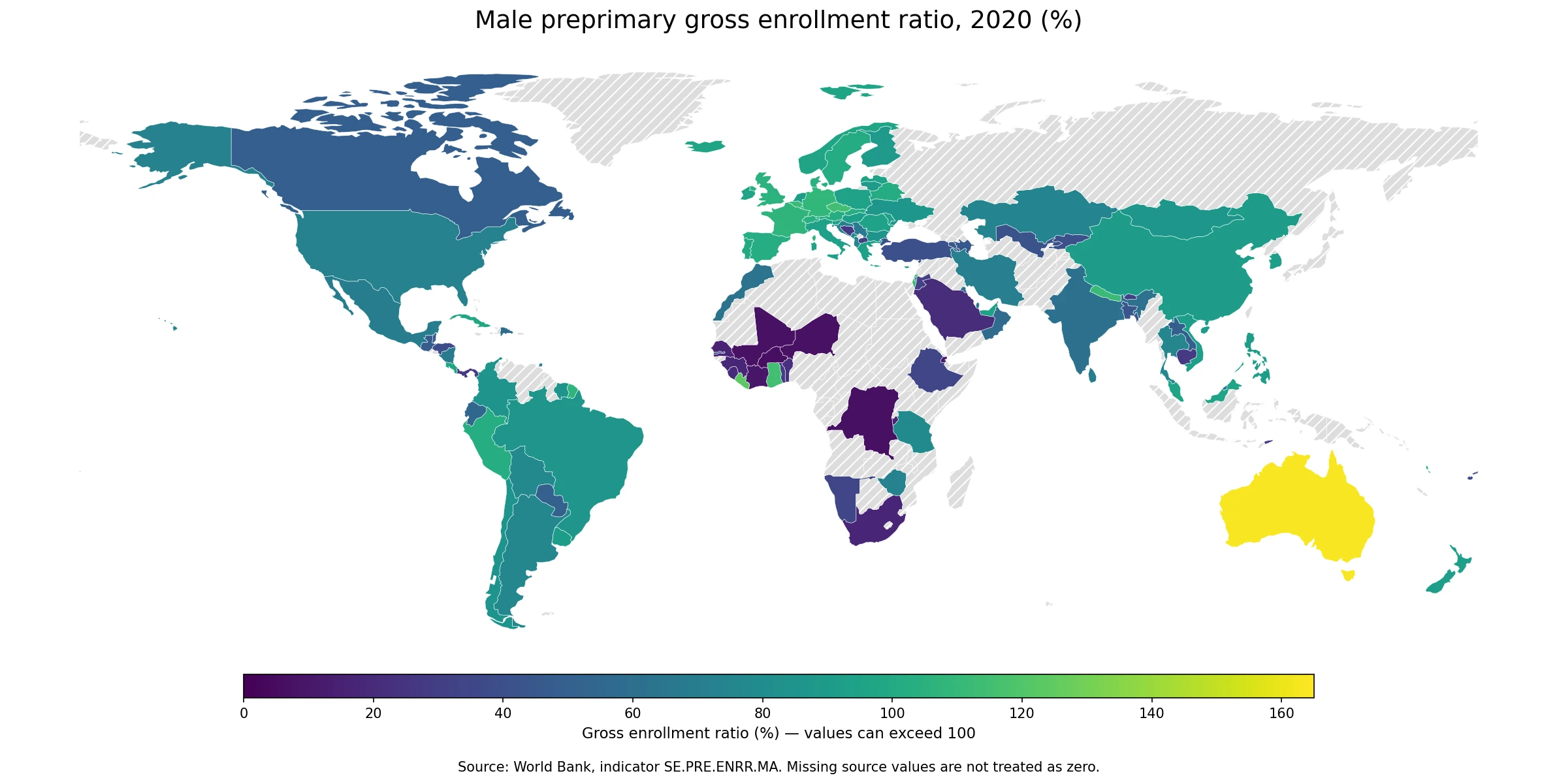 World map of male preprimary gross enrollment ratio by country and economy in 2020