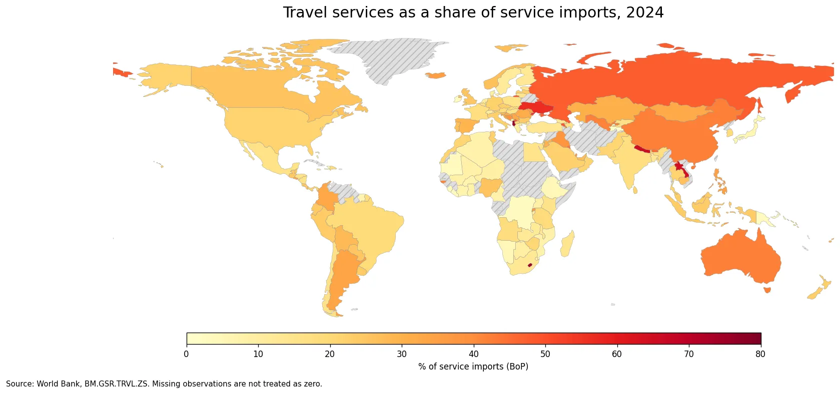 World map of travel services as a share of service imports in 2024