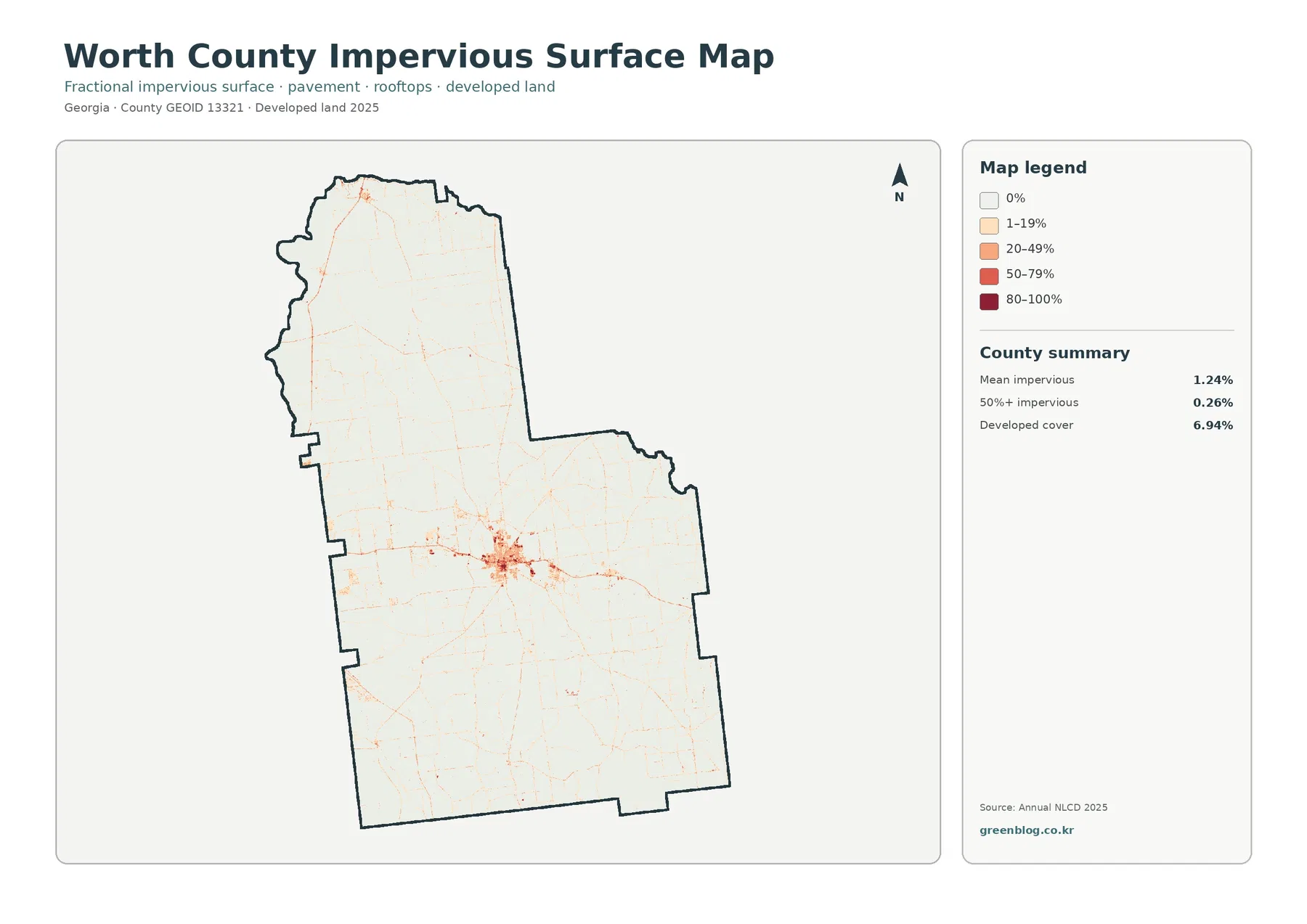 Worth County impervious surface and developed land map