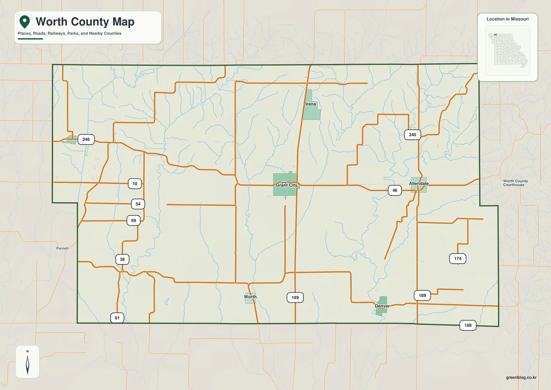 Grant City, Sheridan, Allendale, Worth, Denver, Irena와 Route 46, U.S. 169, Route 245를 표시한 미주리주 Worth County 지도
