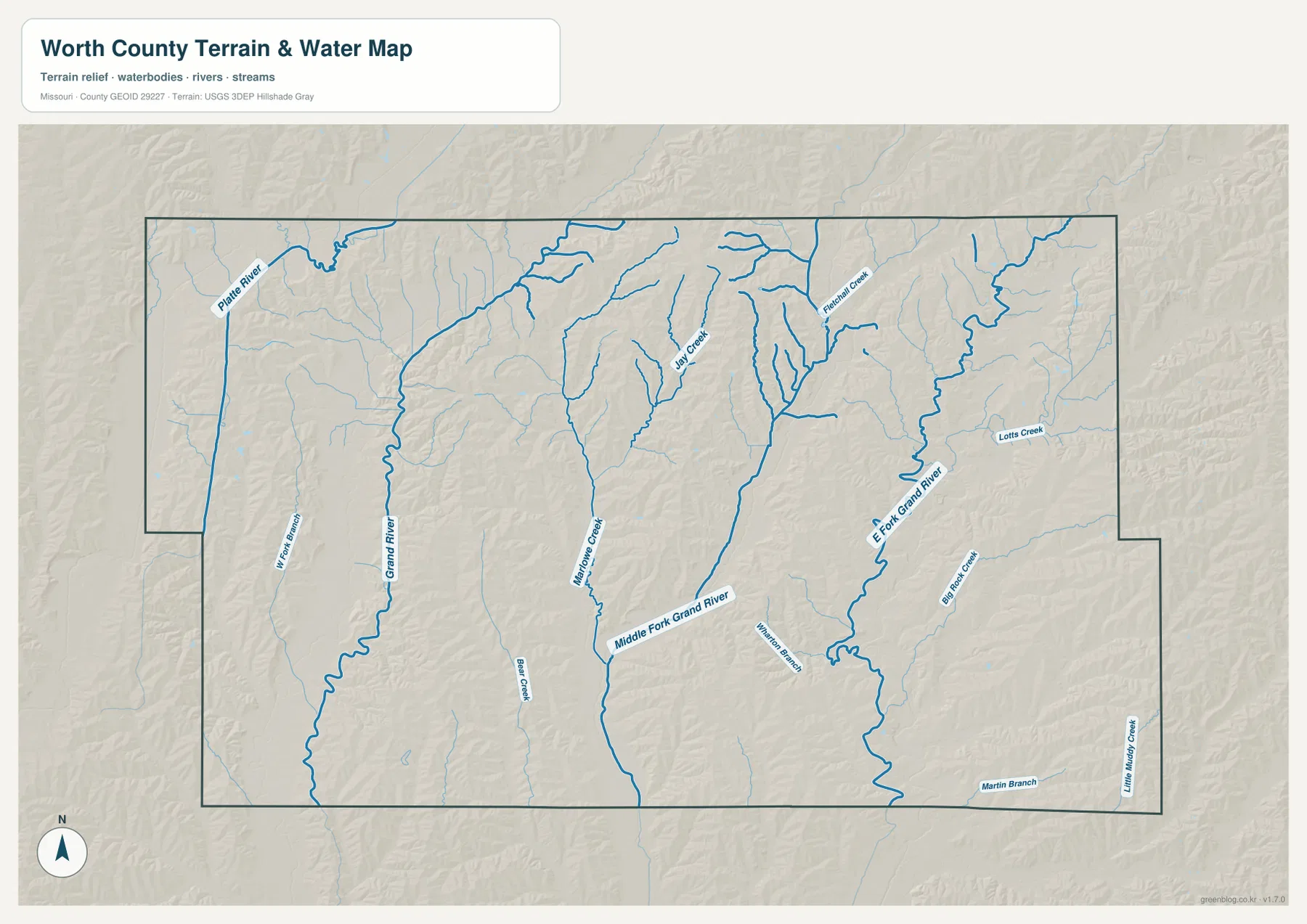Grand River, Middle Fork Grand River, East Fork Grand River, Platte River, Millstone Creek, Jay Creek와 주요 지류를 표시한 Worth County 지형 수역 지도