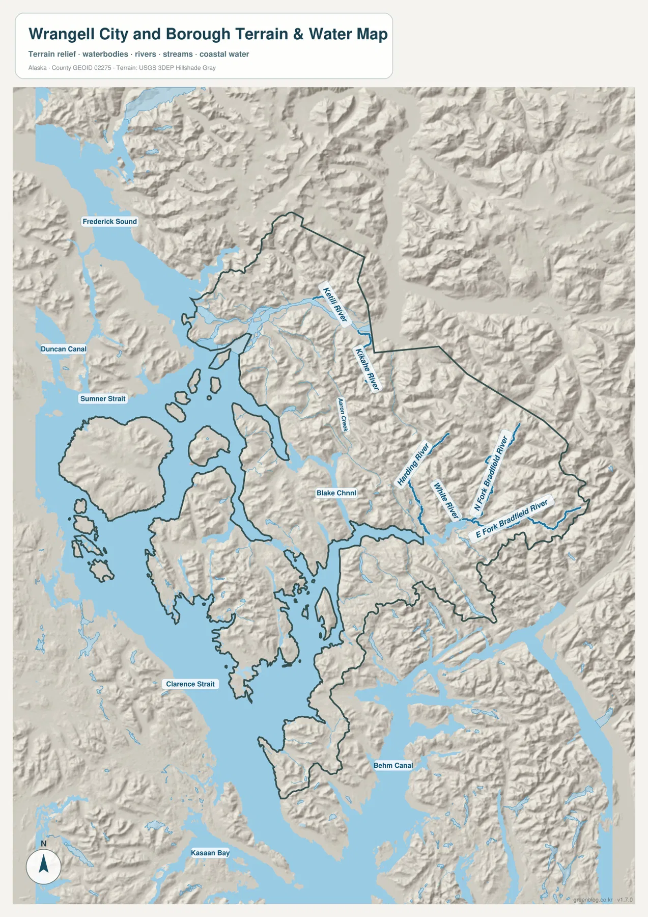 랭겔 시티 앤드 버러 지도에 Frederick Sound와 Sumner Strait, Harding River, Bradfield River 지류가 표시된 수역 지도