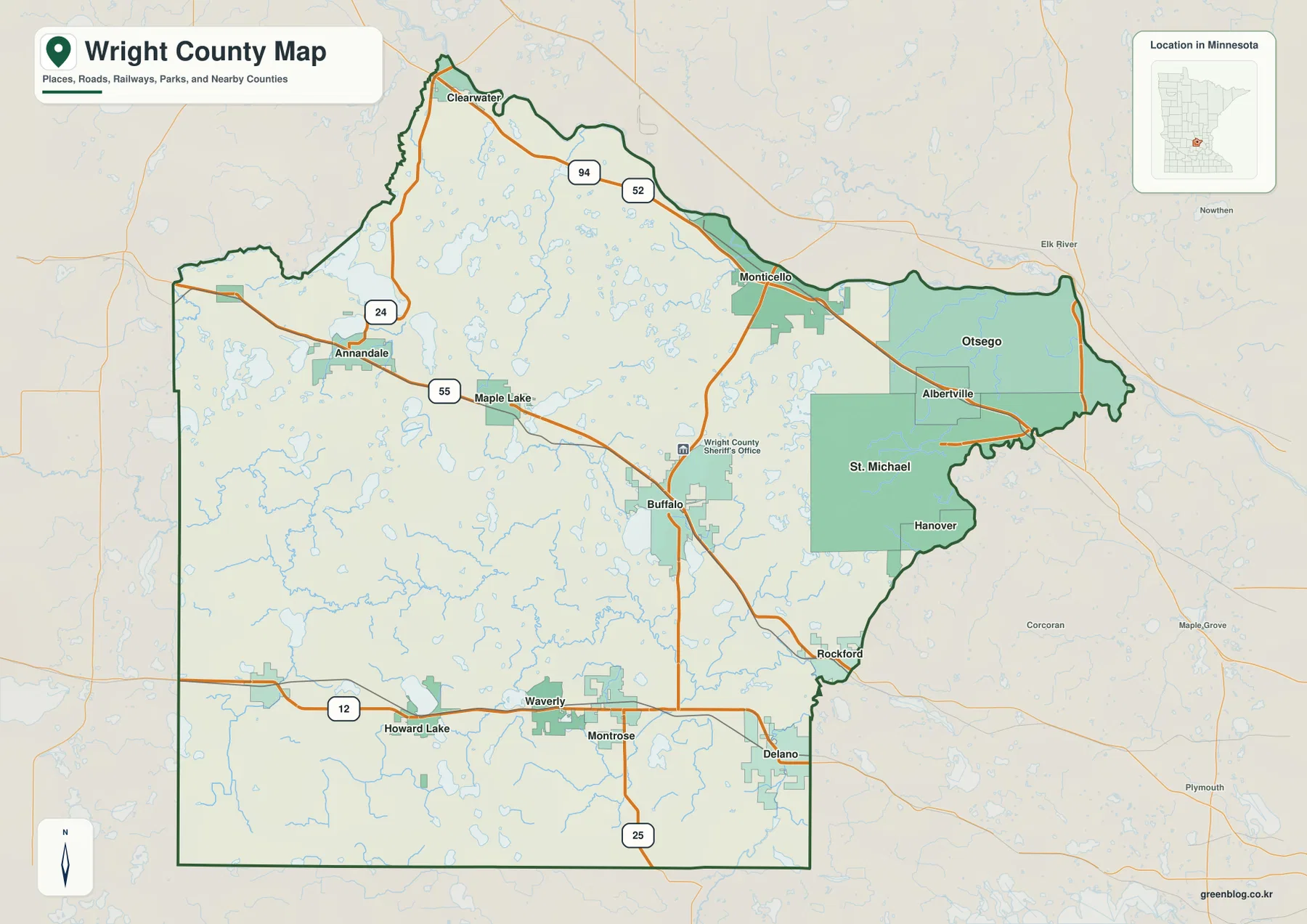 Buffalo, Monticello, Otsego, St. Michael, Annandale와 Wright County 주요 도로가 표시된 지도