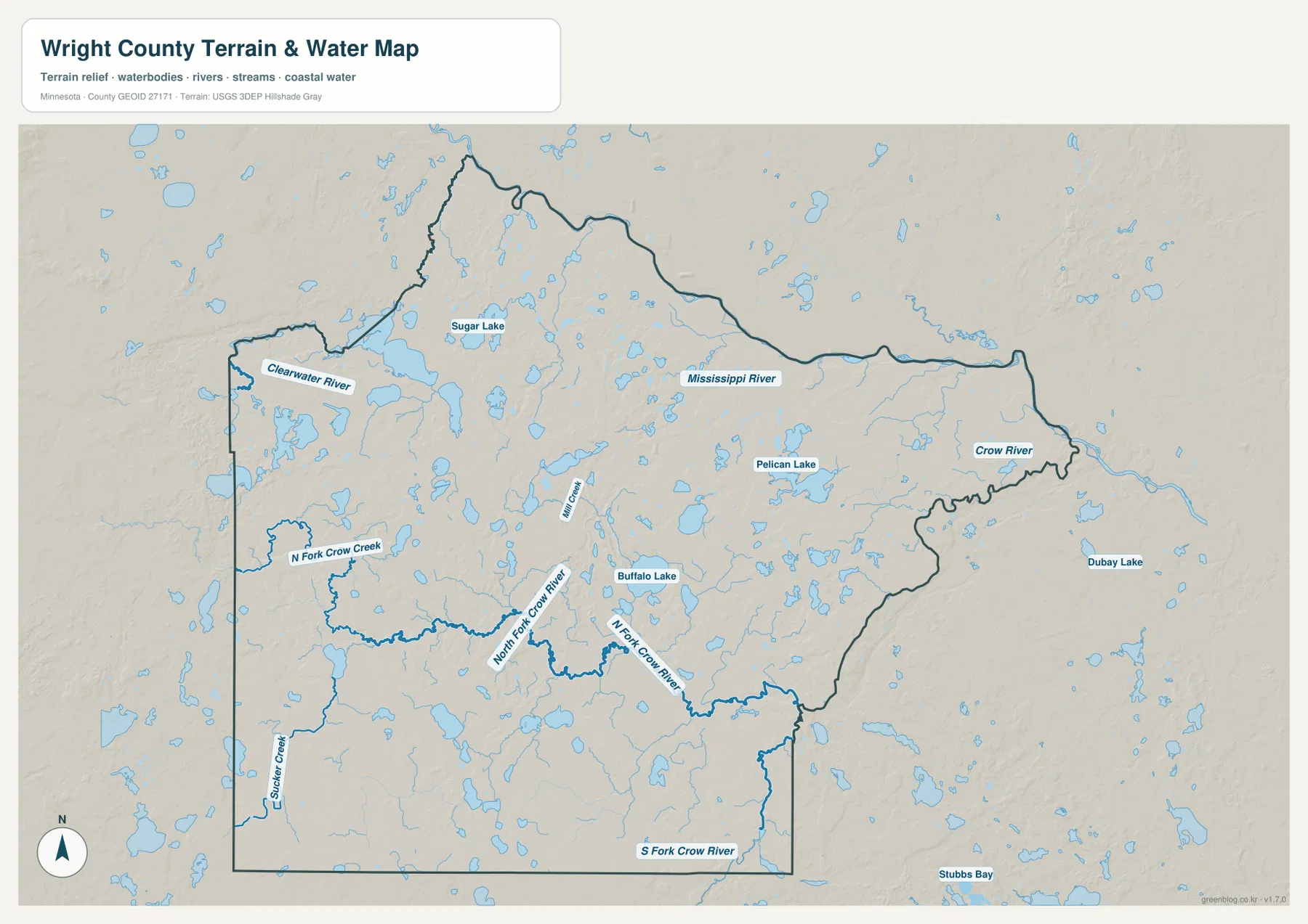 Mississippi River, Crow River, North Fork와 South Fork Crow River, Buffalo Lake, Pelican Lake가 표시된 Wright County 수역 지도