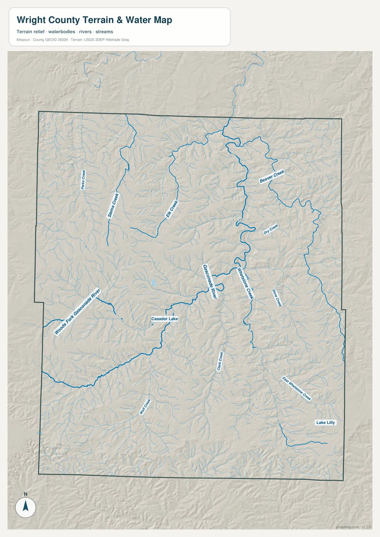 Gasconade River, Whetstone Creek, Beaver Creek과 Wright County의 골짜기를 표시한 수역 지형 지도