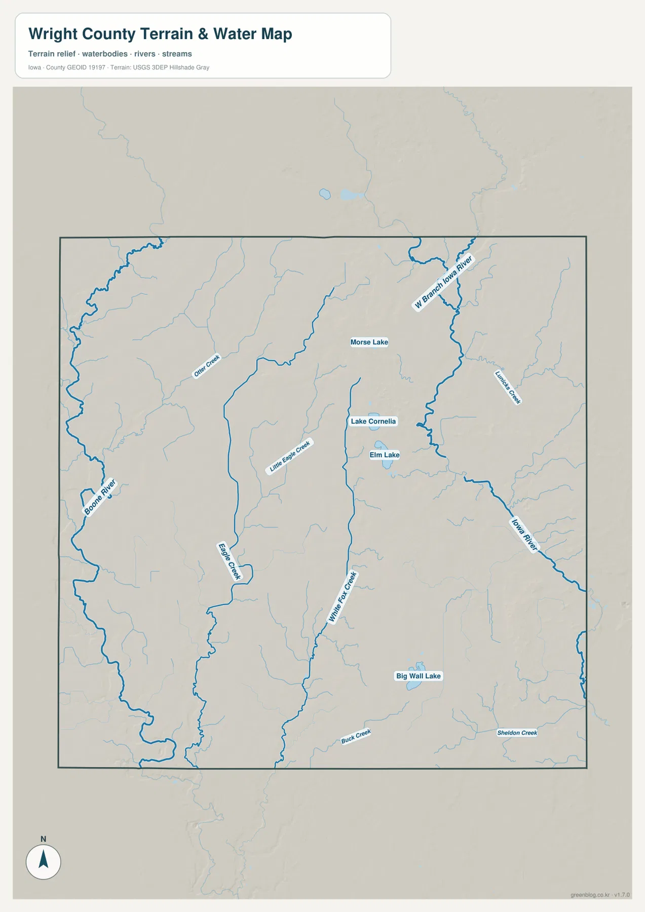 Boone River, Iowa River, West Branch Iowa River, Eagle Creek, White Fox Creek과 Lake Cornelia를 보여 주는 라이트 카운티 수역 지도