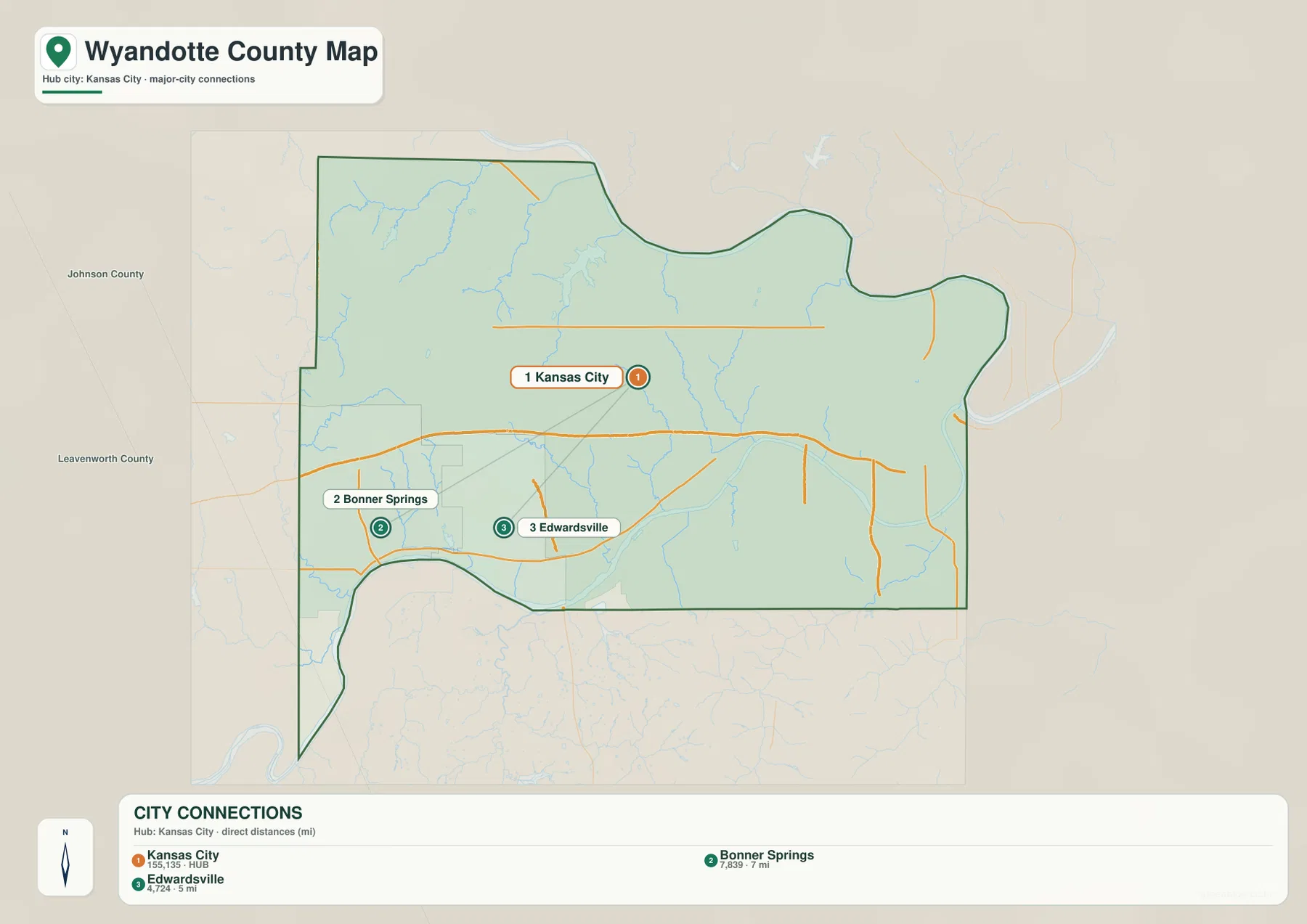 Wyandotte County Kansas city connections map showing Kansas City, Bonner Springs and Edwardsville