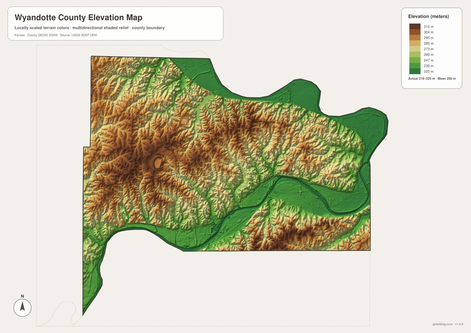 Wyandotte County Kansas elevation map showing 219 to 325 meter relief, Missouri and Kansas River lowlands and higher western hills