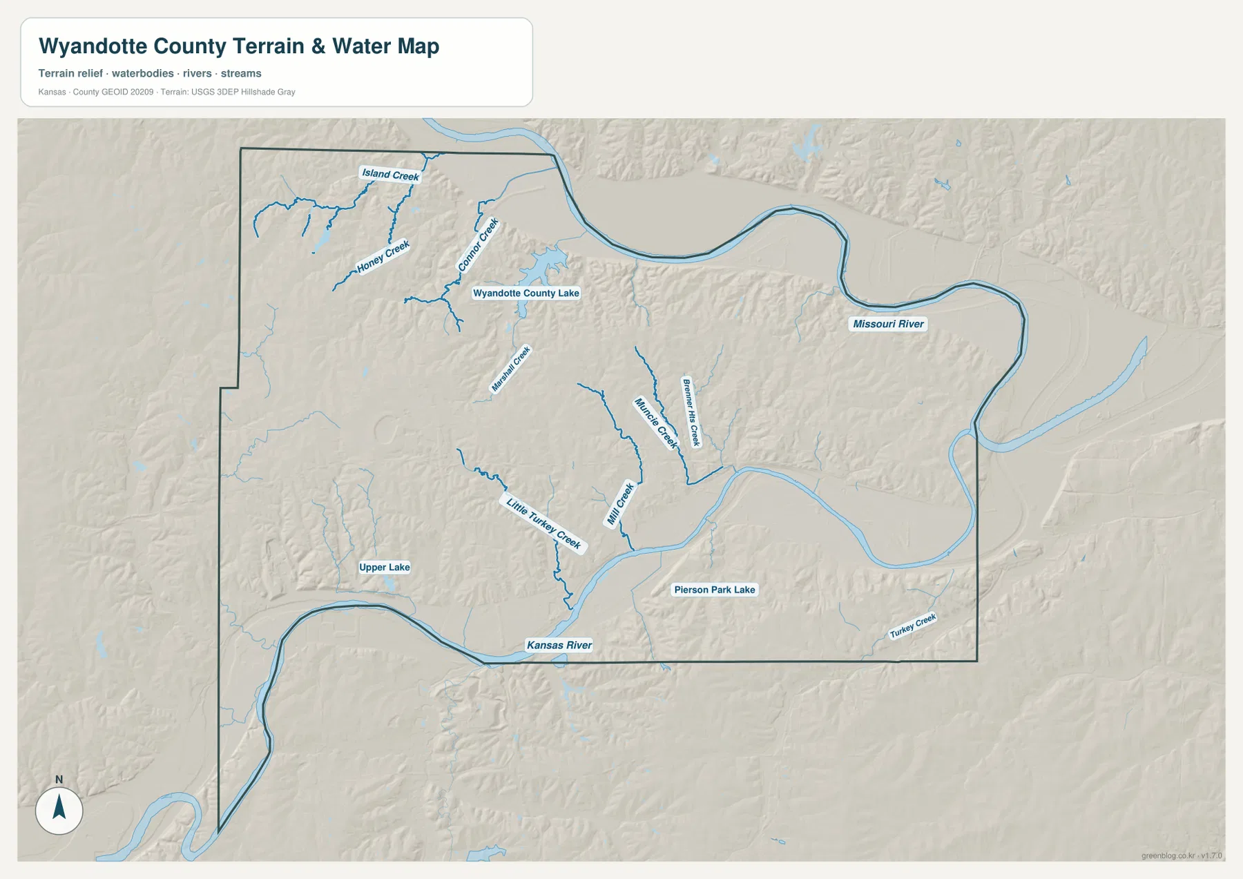 와이언도트 카운티 Missouri River, Kansas River, Wyandotte County Lake, Connor Creek, Turkey Creek 수역 지도