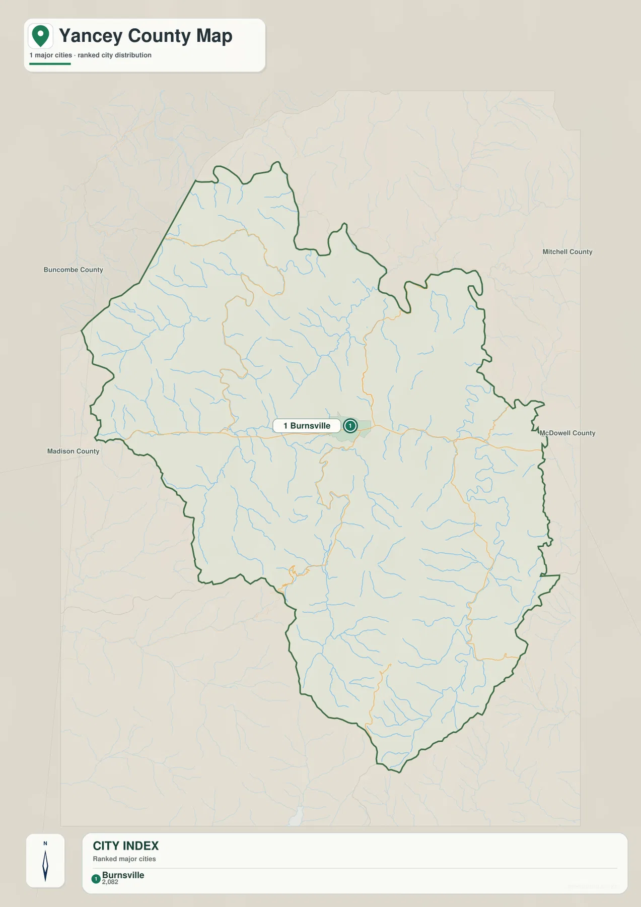 Yancey County city distribution map showing Burnsville