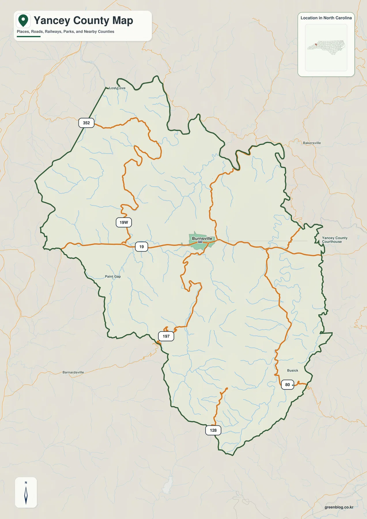 Yancey County North Carolina map showing Burnsville and major mountain roads