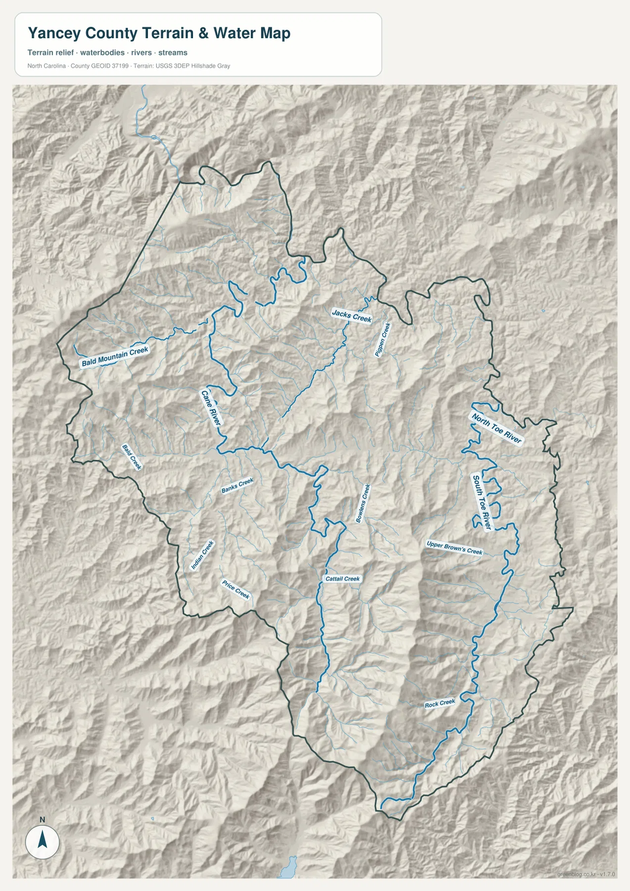Yancey County terrain and water map showing Cane River North Toe River South Toe River and mountain creeks